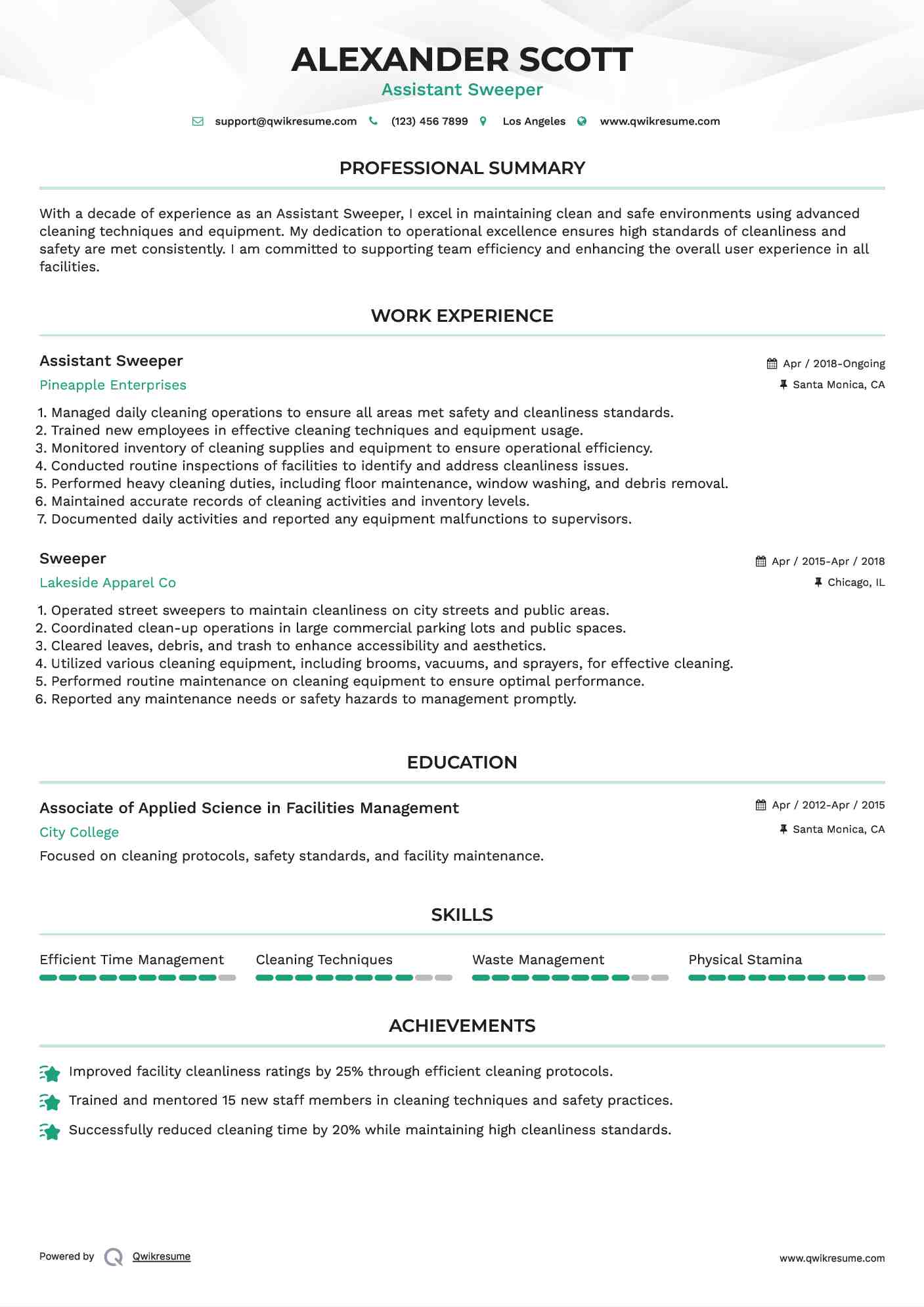 Sweeper Resume Samples QwikResume