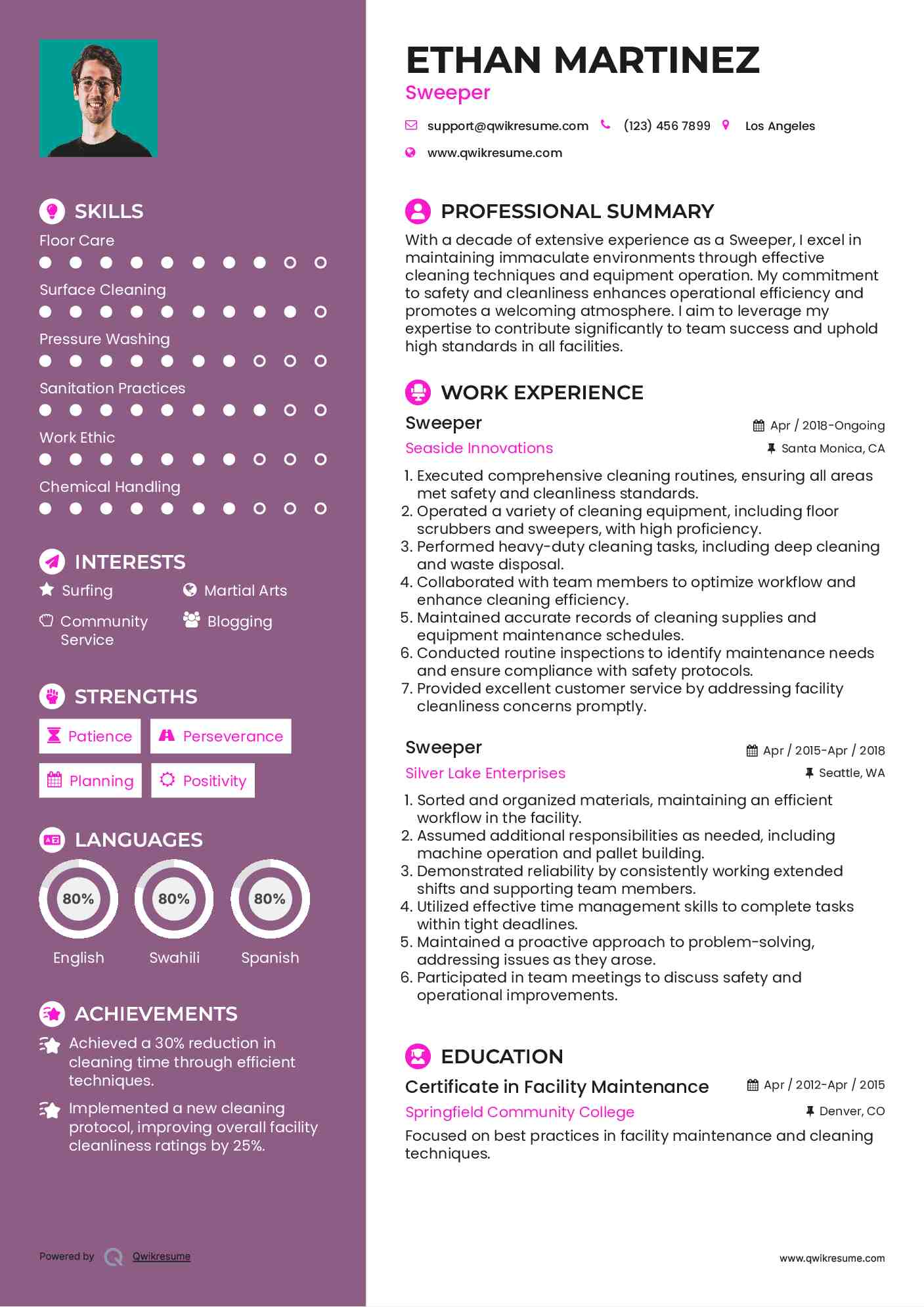 Sweeper Resume Samples QwikResume