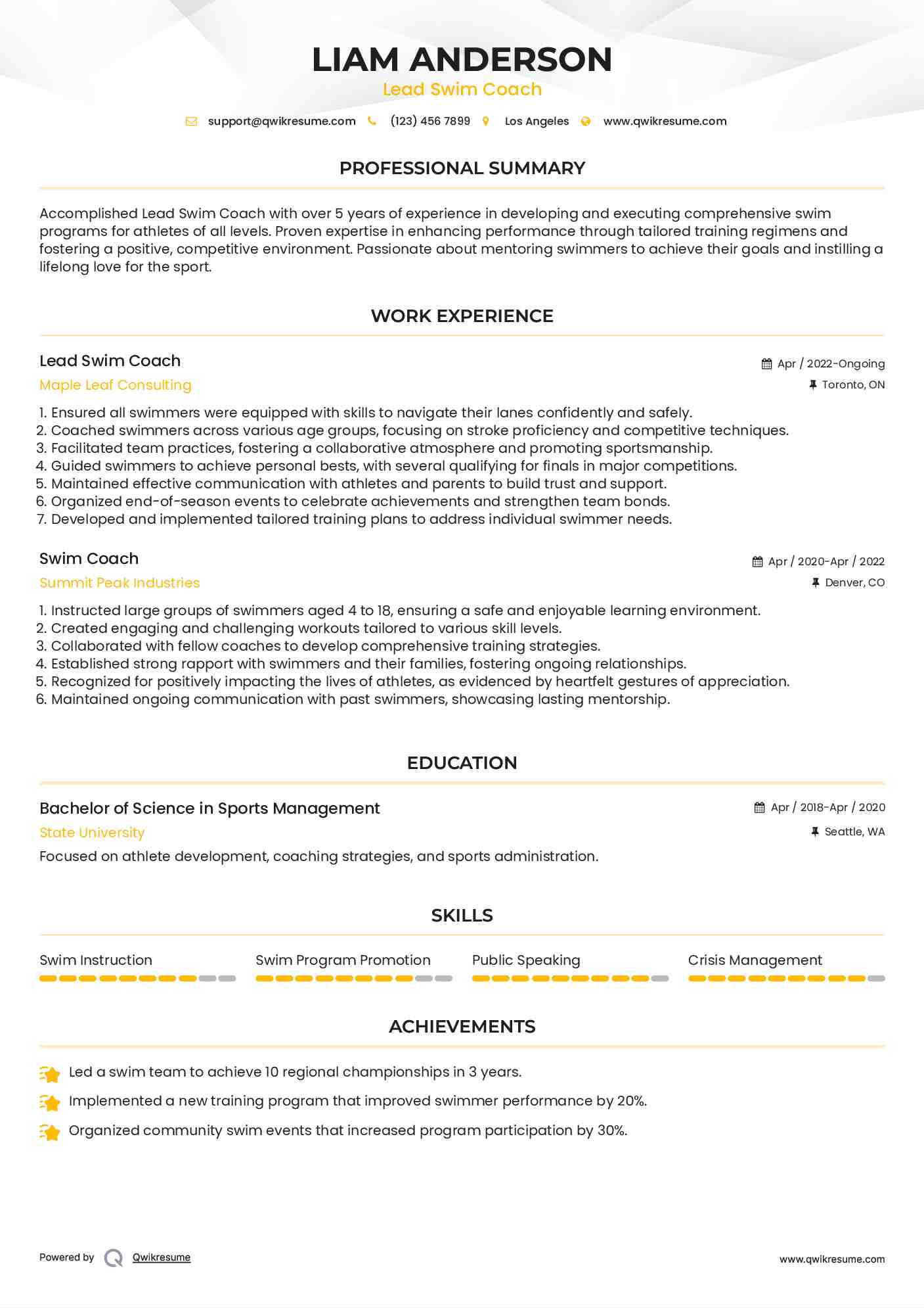 Lead Swim Coach Resume Template