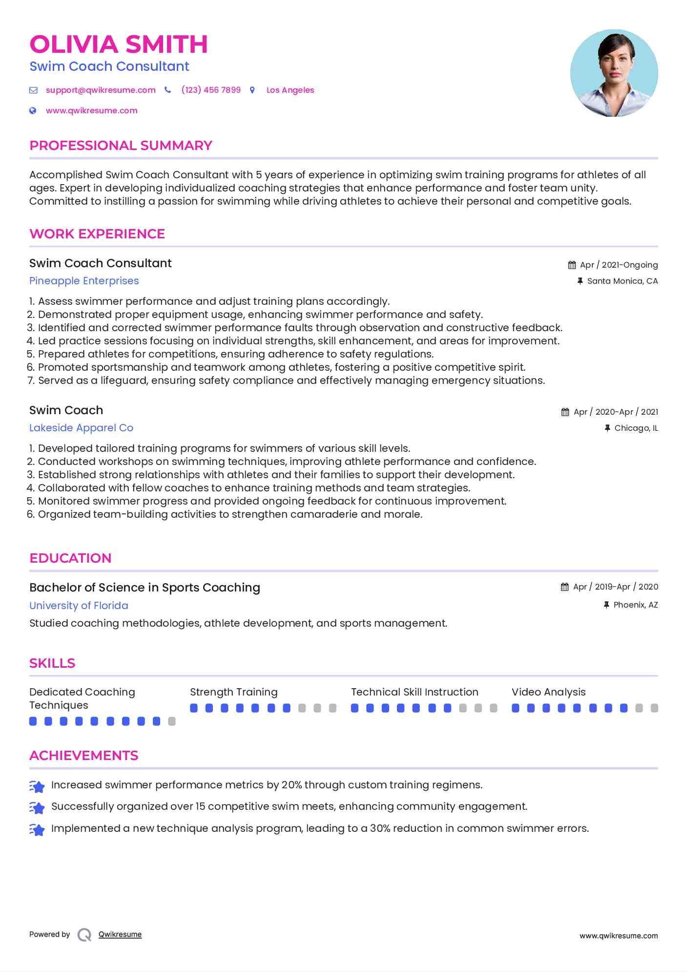 Swim Coach Consultant Resume Format