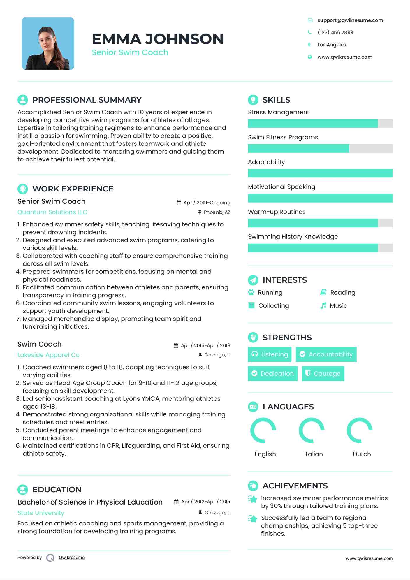 Senior Swim Coach Resume Sample