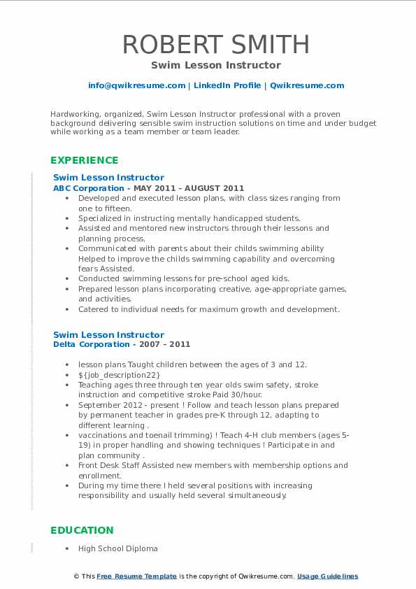 Swim Lesson Instructor Resume Samples QwikResume