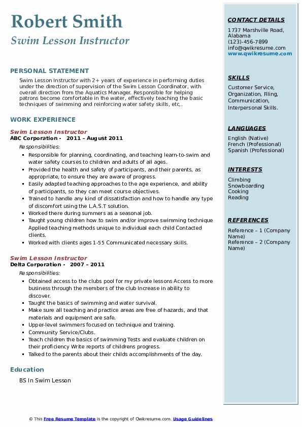 Swim Lesson Instructor Resume Samples QwikResume