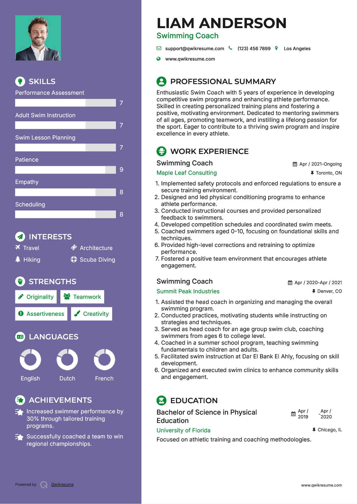 Swimming Coach Resume Example