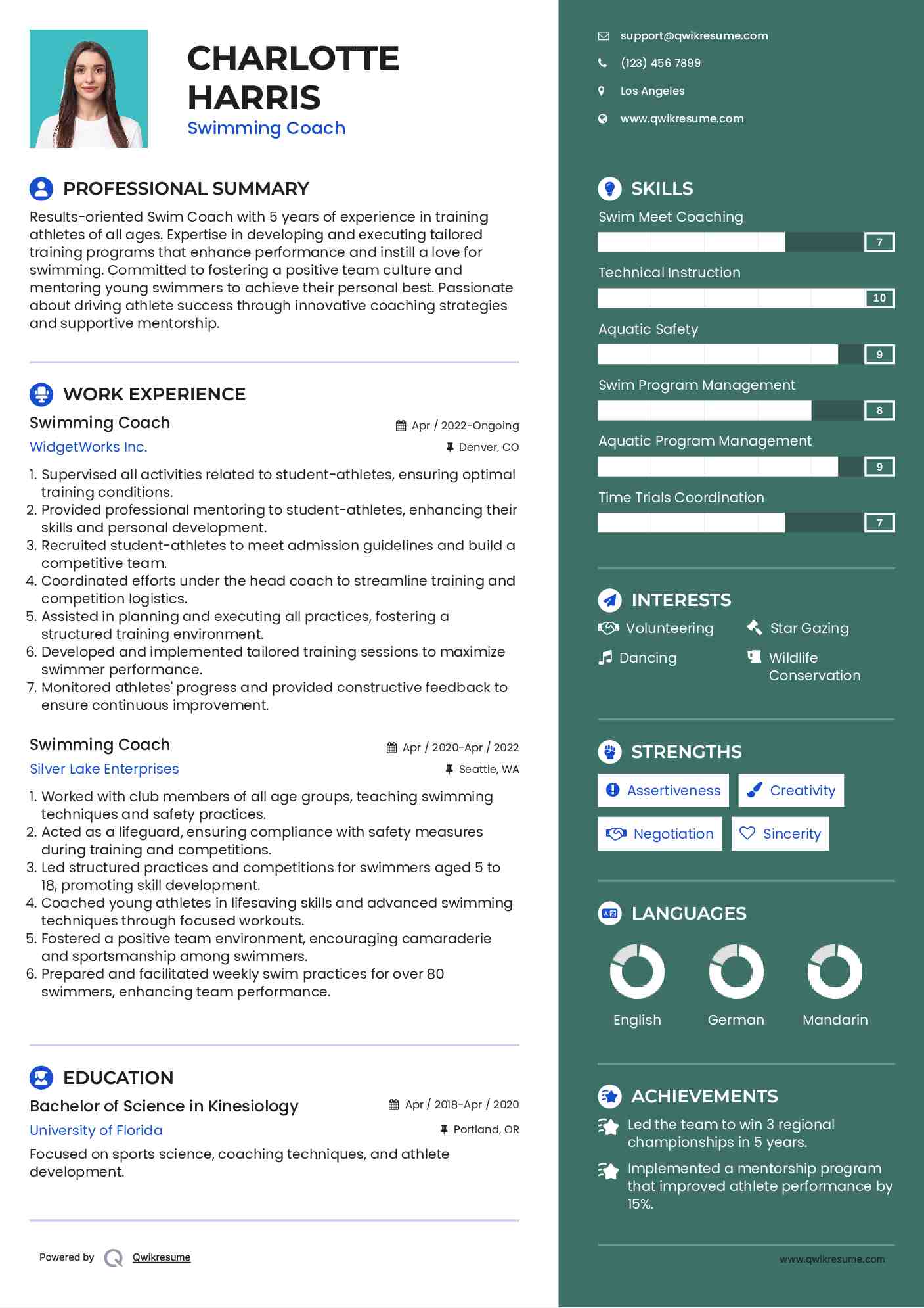 Swimming Coach Resume Model