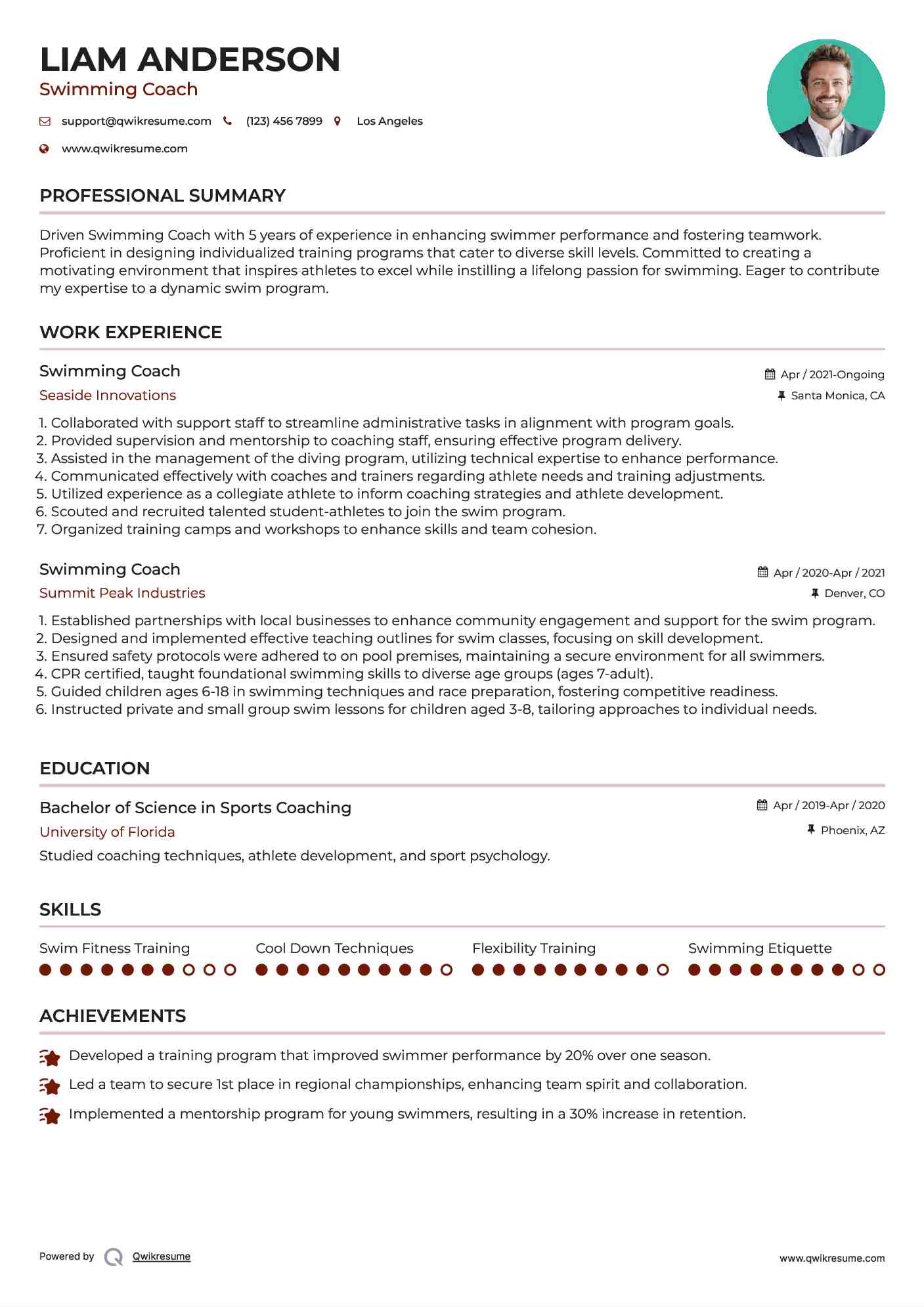 Swimming Coach Resume Template