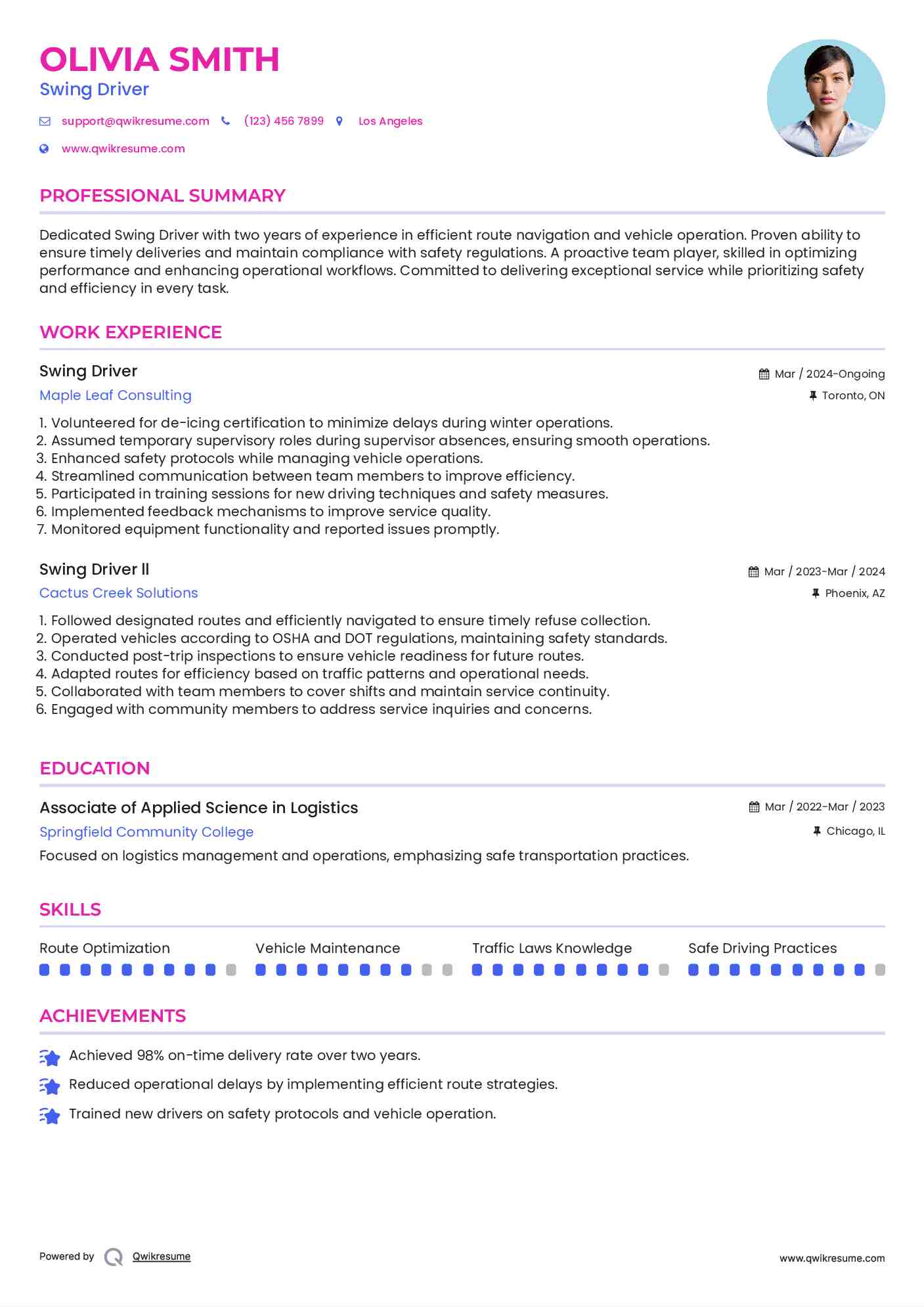Swing Driver Resume Example