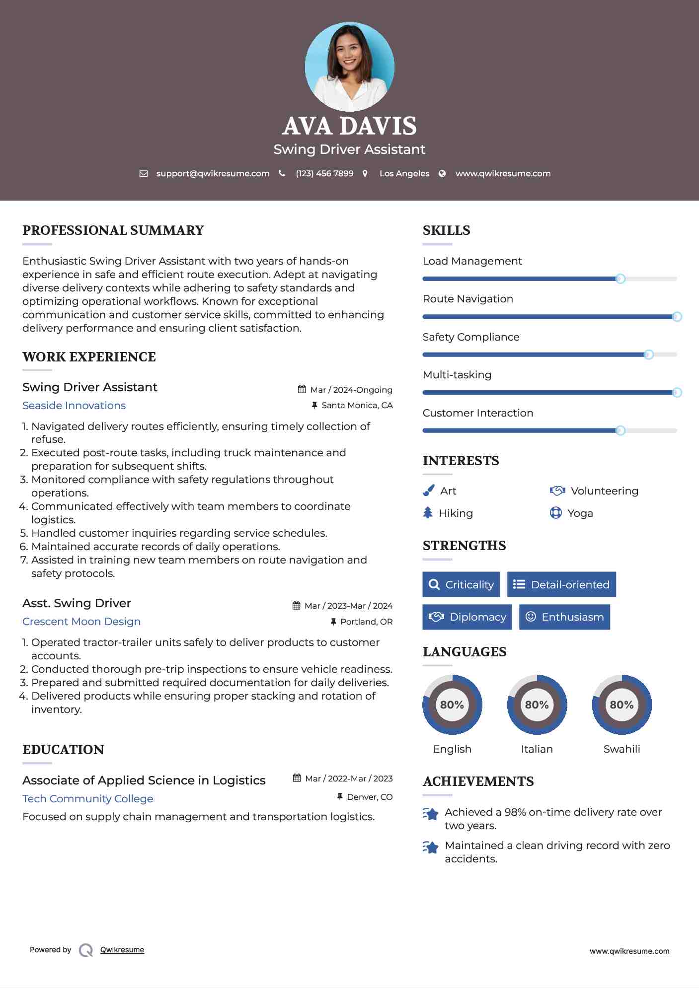 Swing Driver Assistant Resume Example
