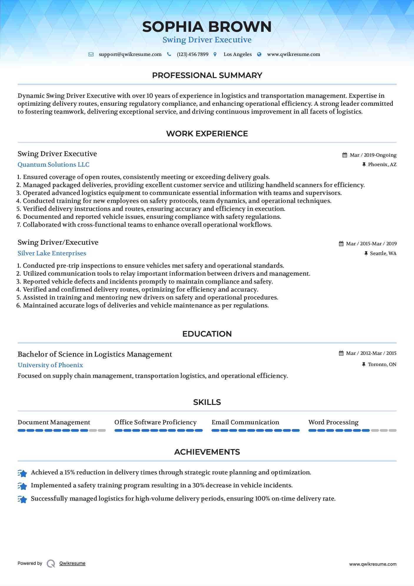 Swing Driver Executive Resume Format
