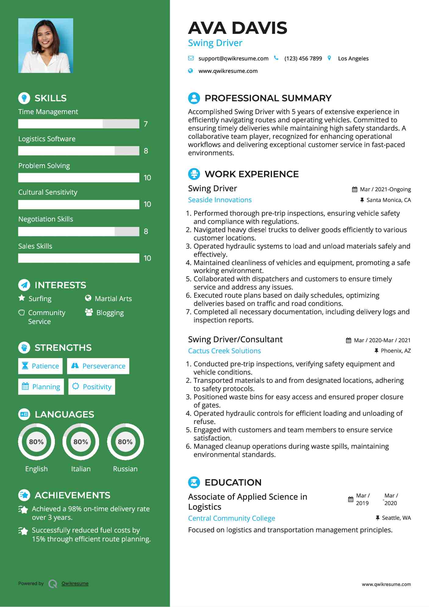 Swing Driver Resume Example