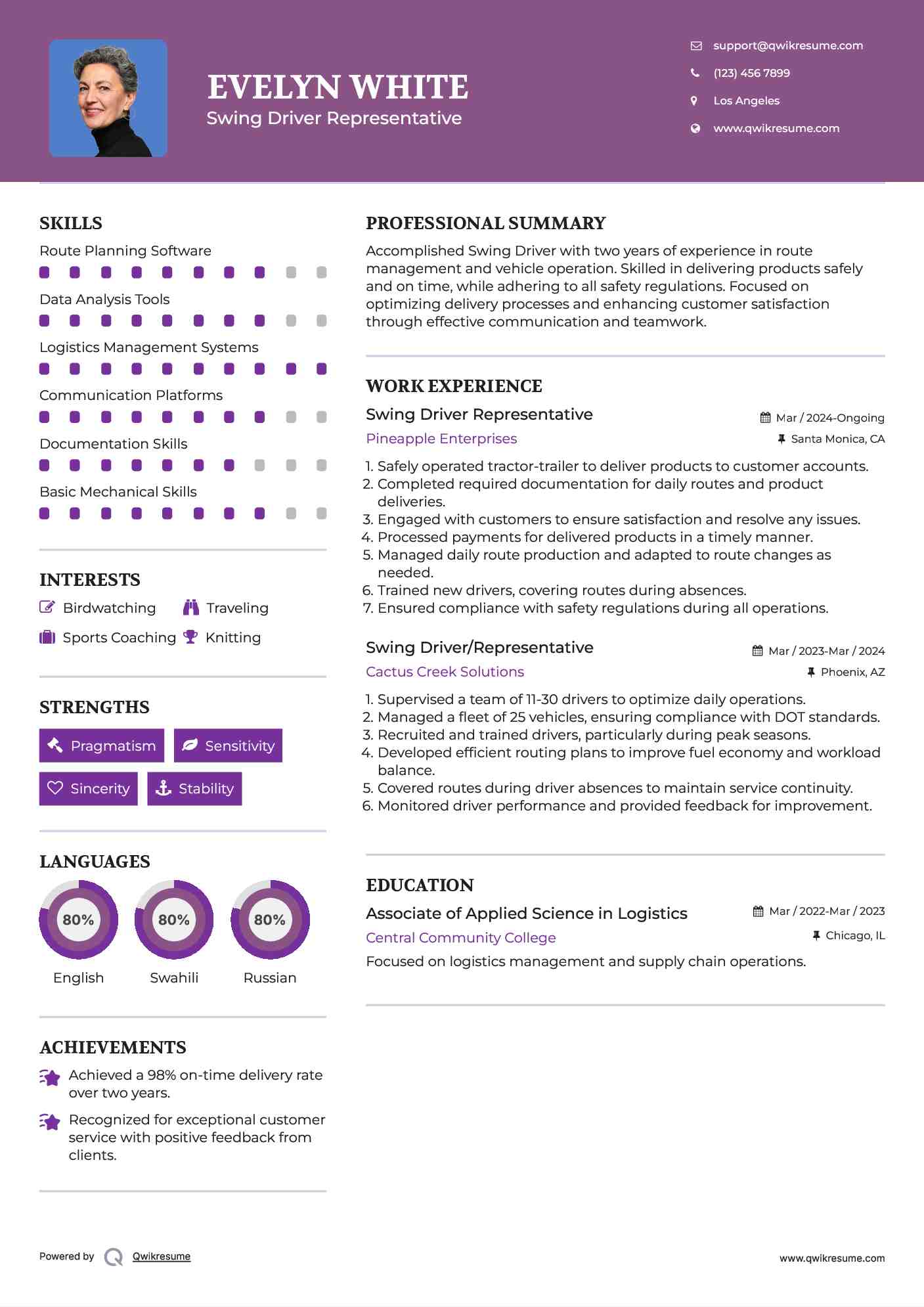 Swing Driver Representative Resume Model