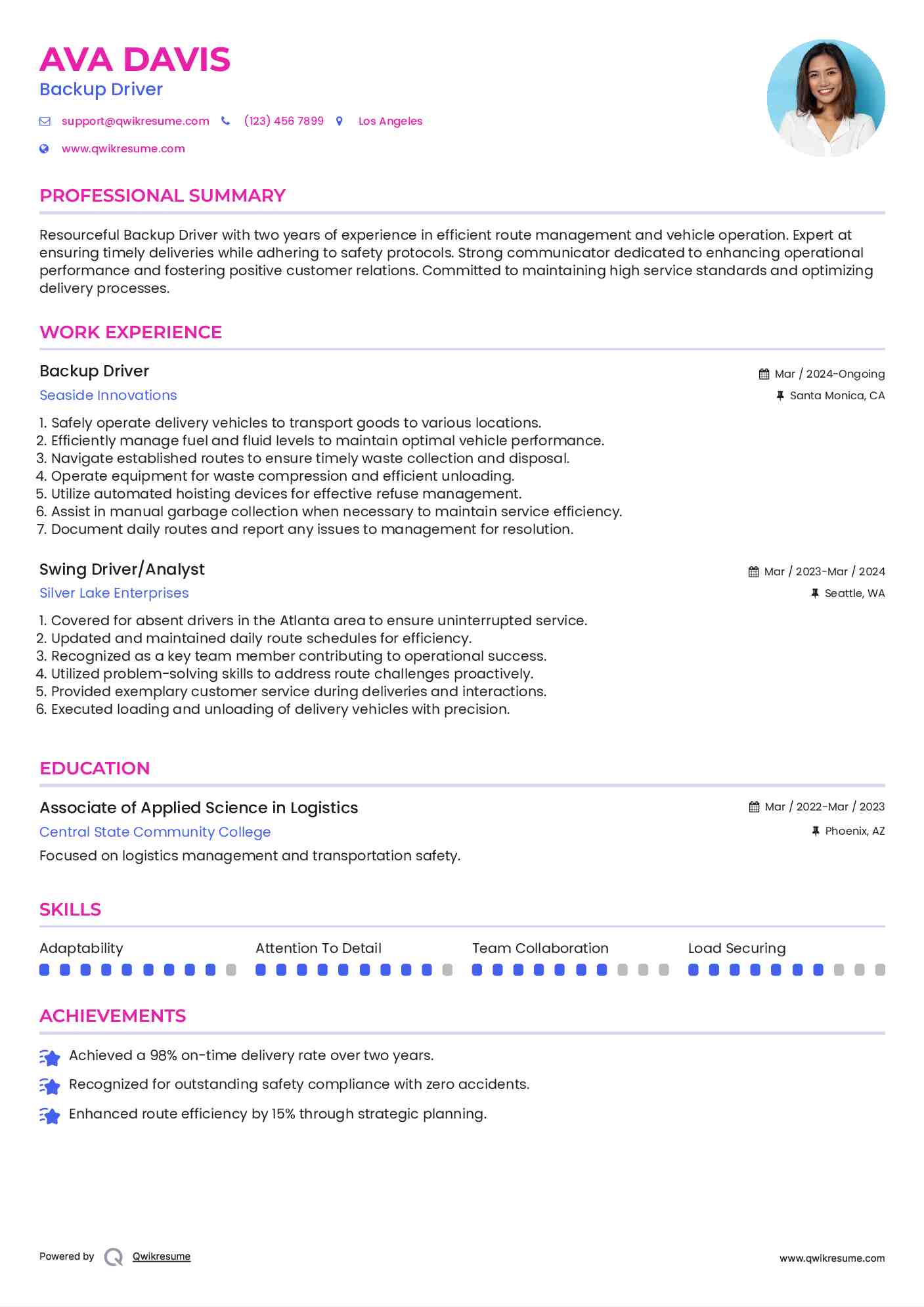 Backup Driver Resume Template