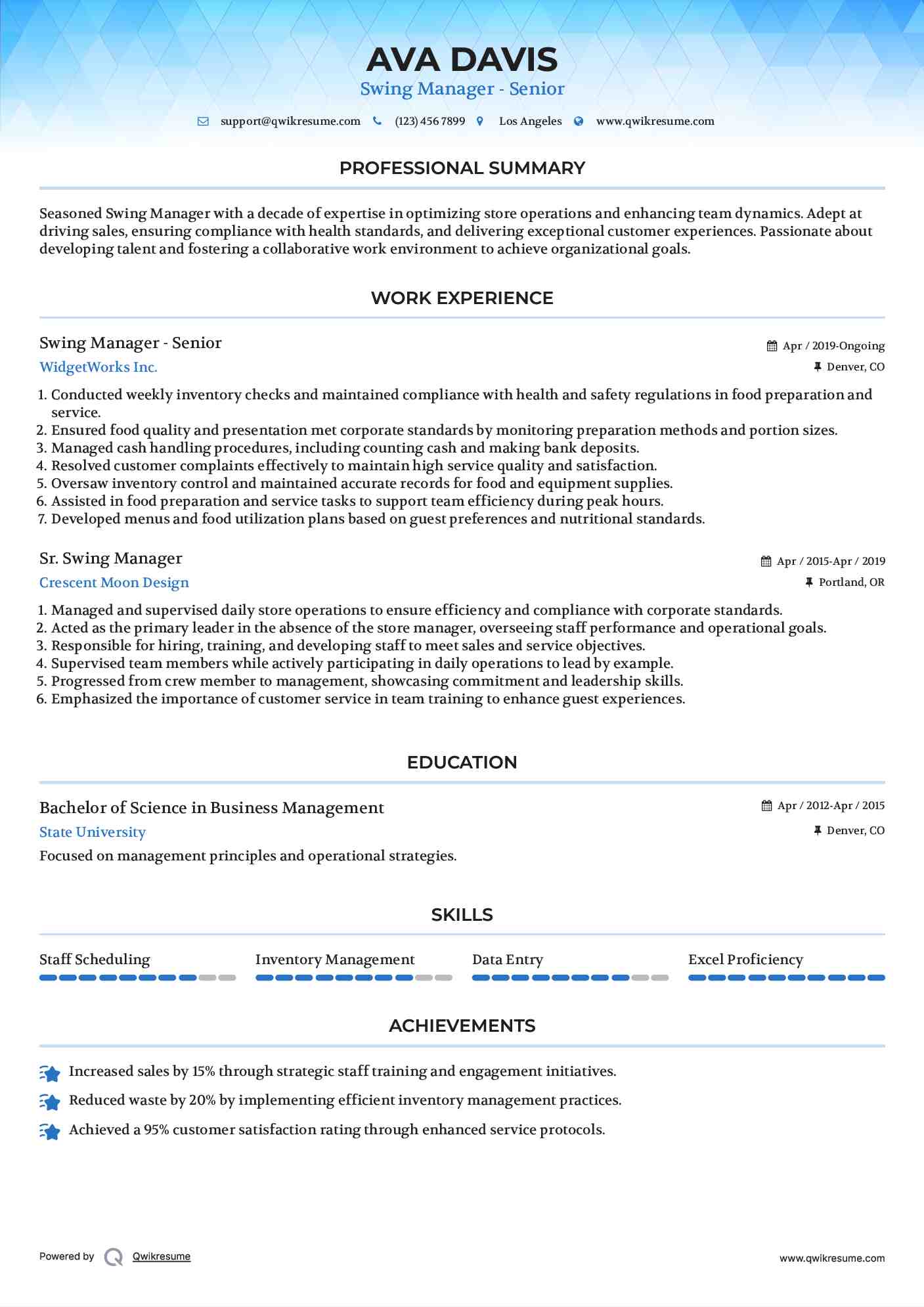 Swing Manager Resume Samples QwikResume