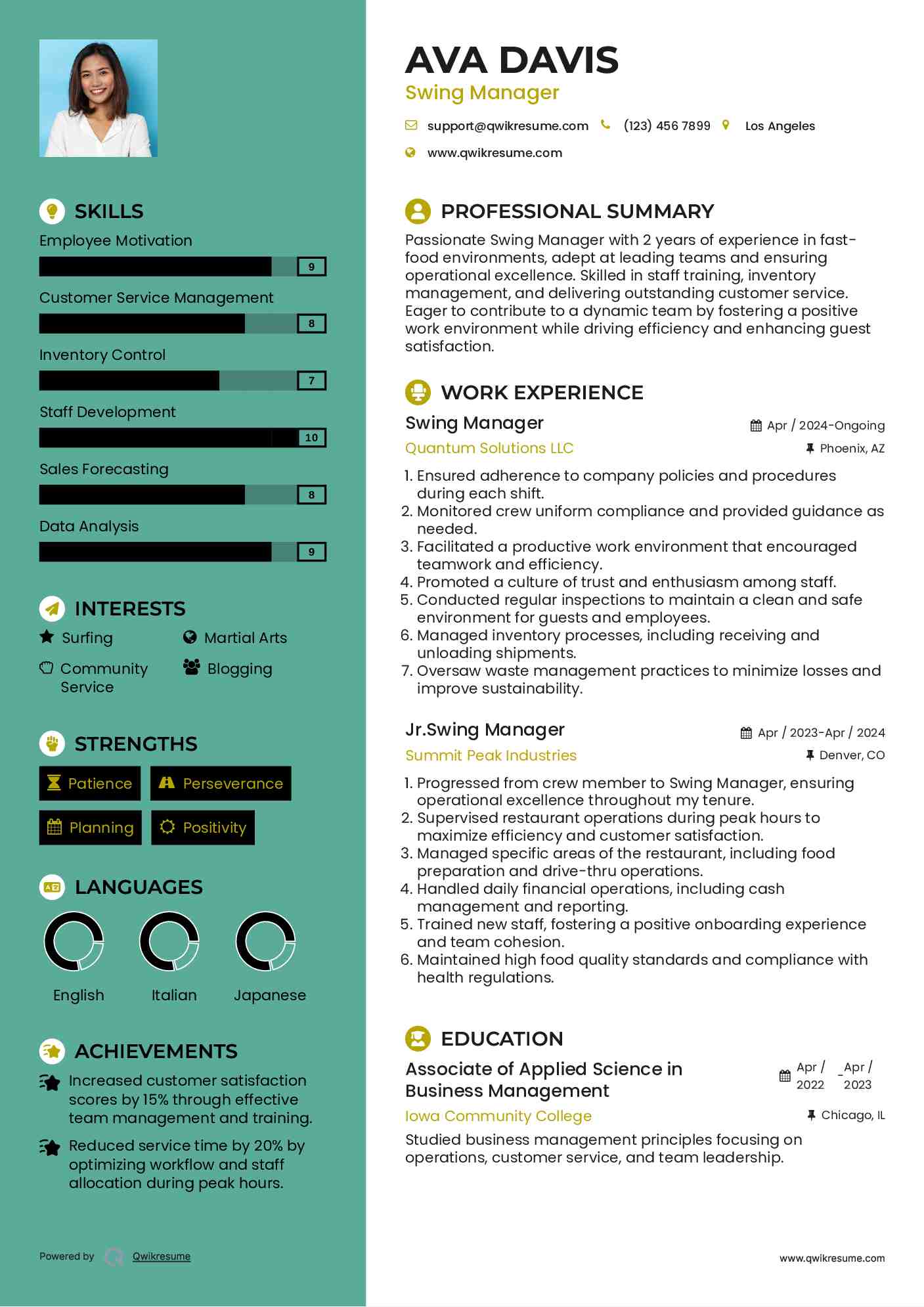 Swing Manager Resume Format