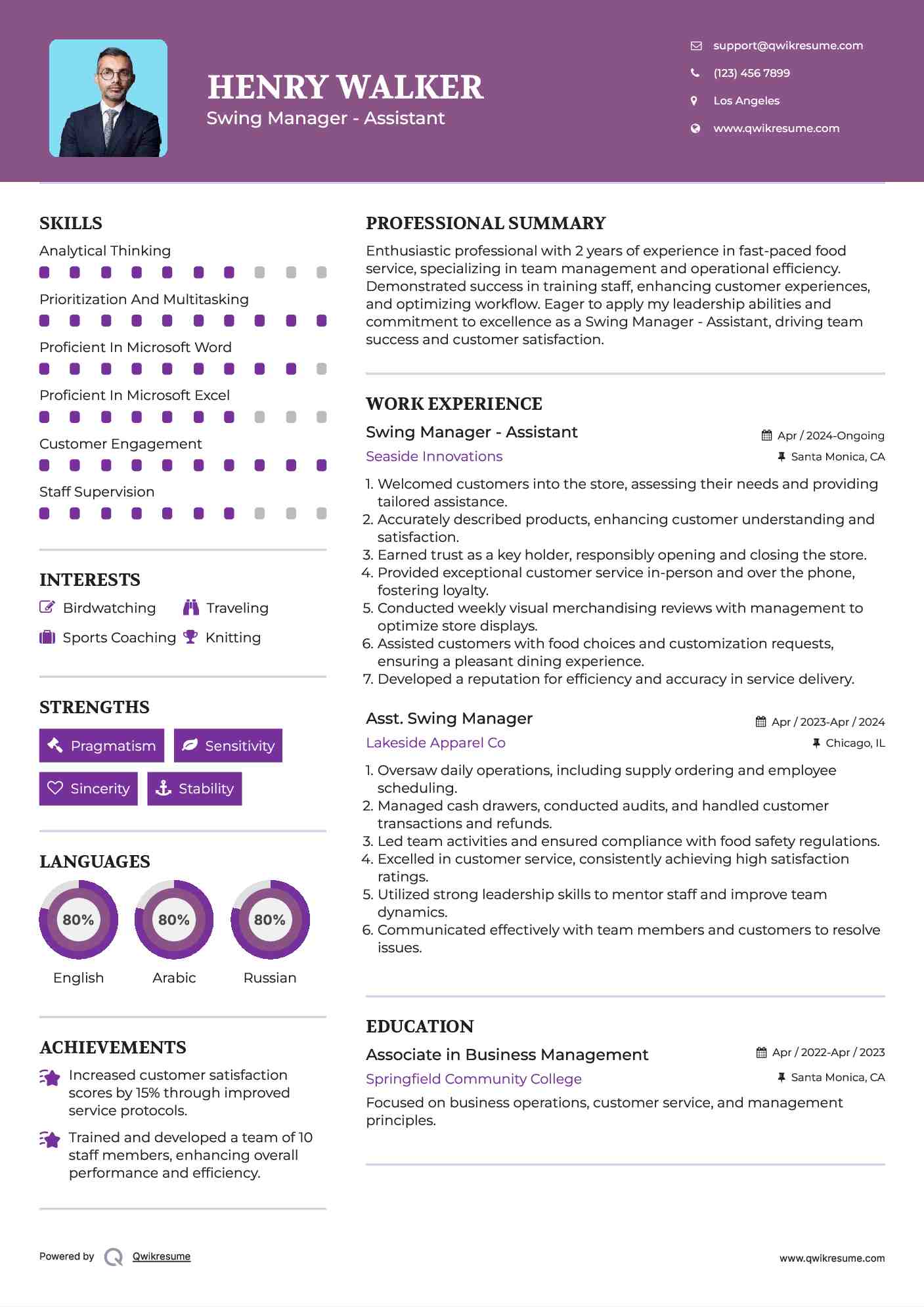 Swing Manager Resume Samples QwikResume