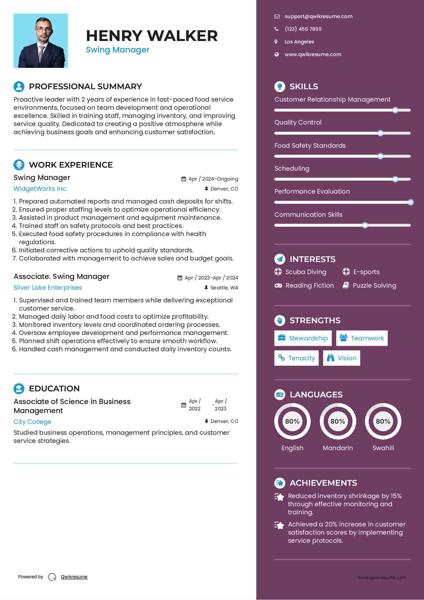 Swing Manager Resume Samples QwikResume