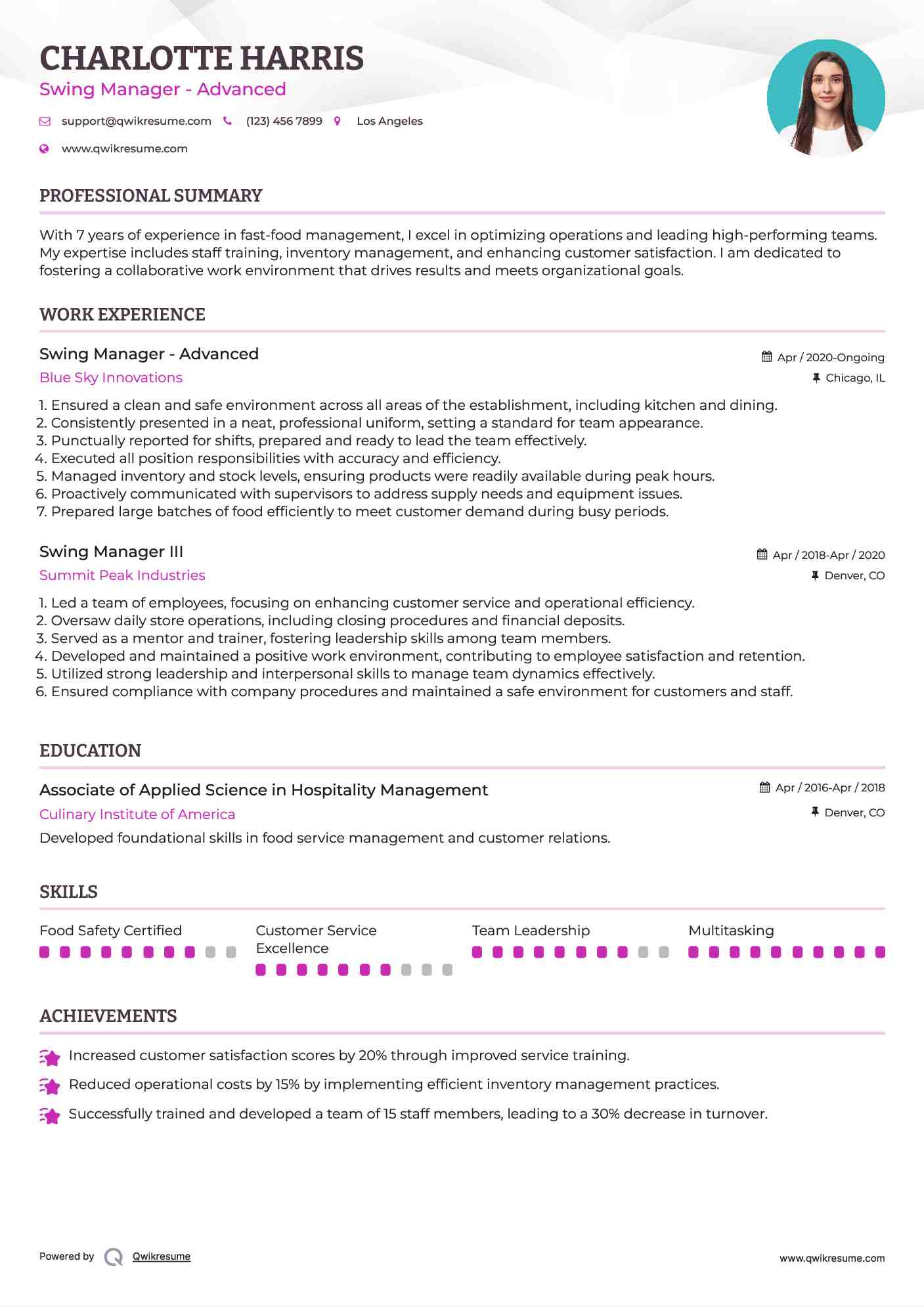 Swing Manager Resume Samples QwikResume