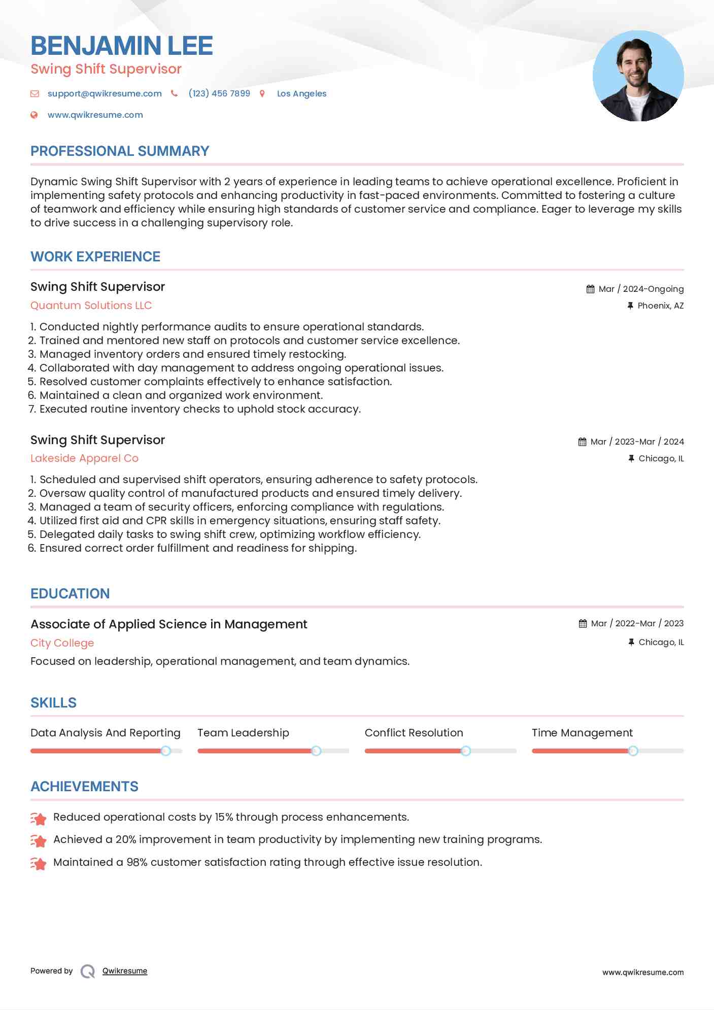 Swing Shift Supervisor Resume Template