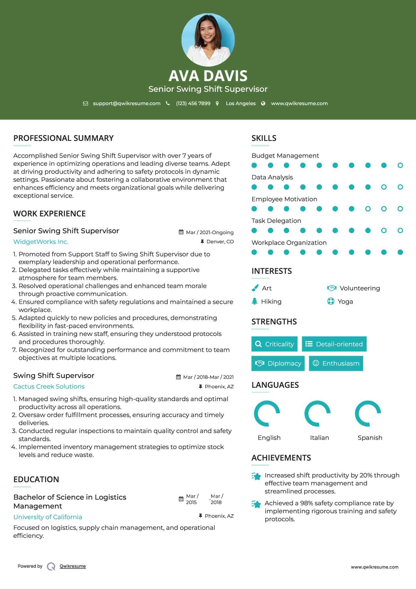 Senior Swing Shift Supervisor Resume Sample