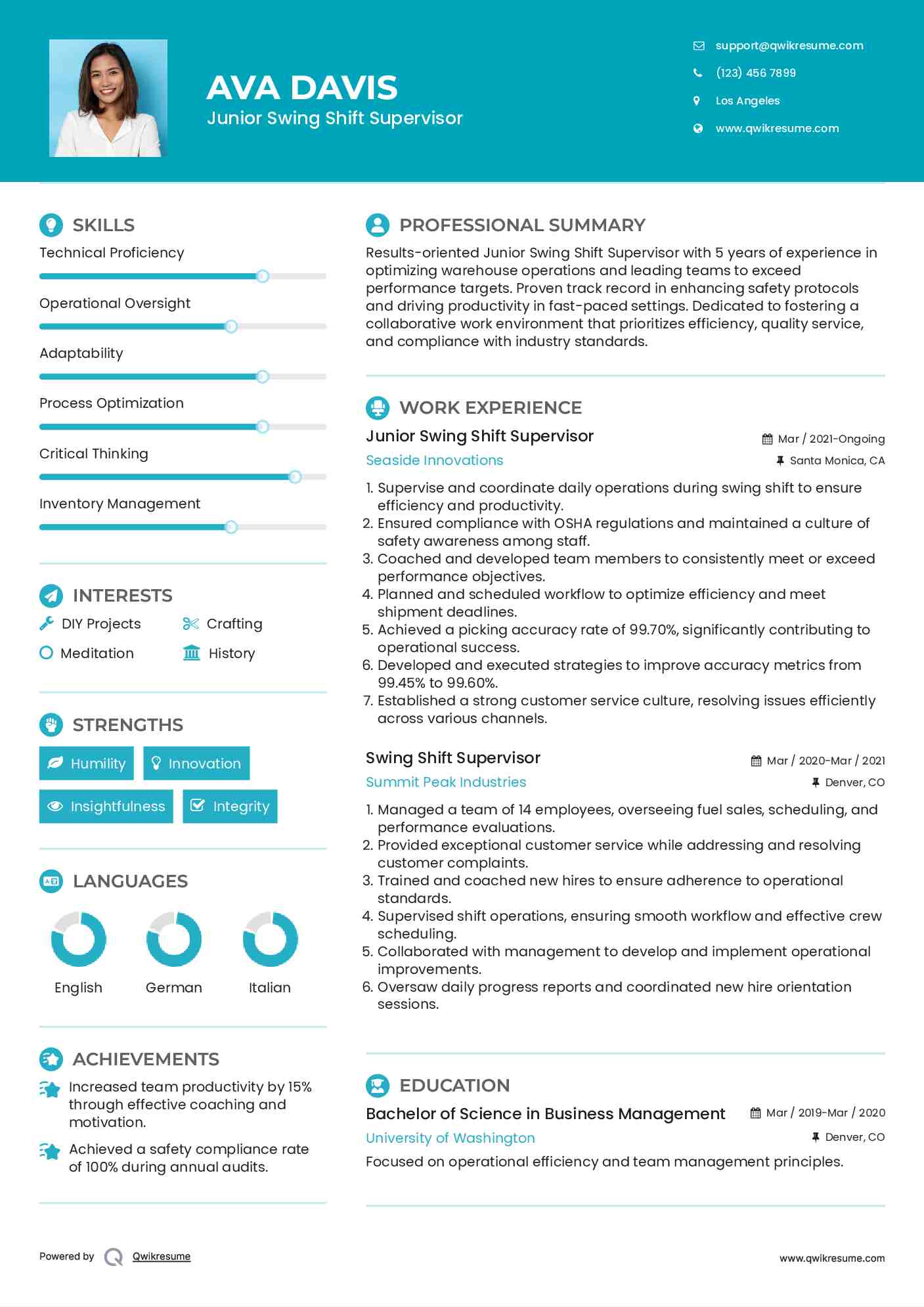 Junior Swing Shift Supervisor Resume Example
