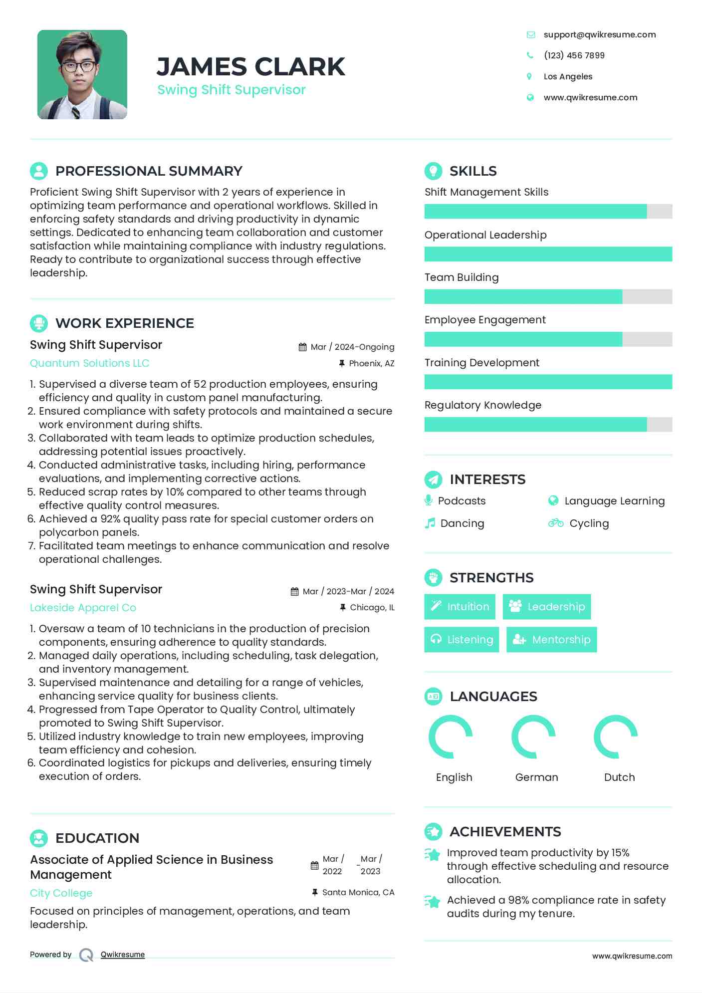 Swing Shift Supervisor Resume Example