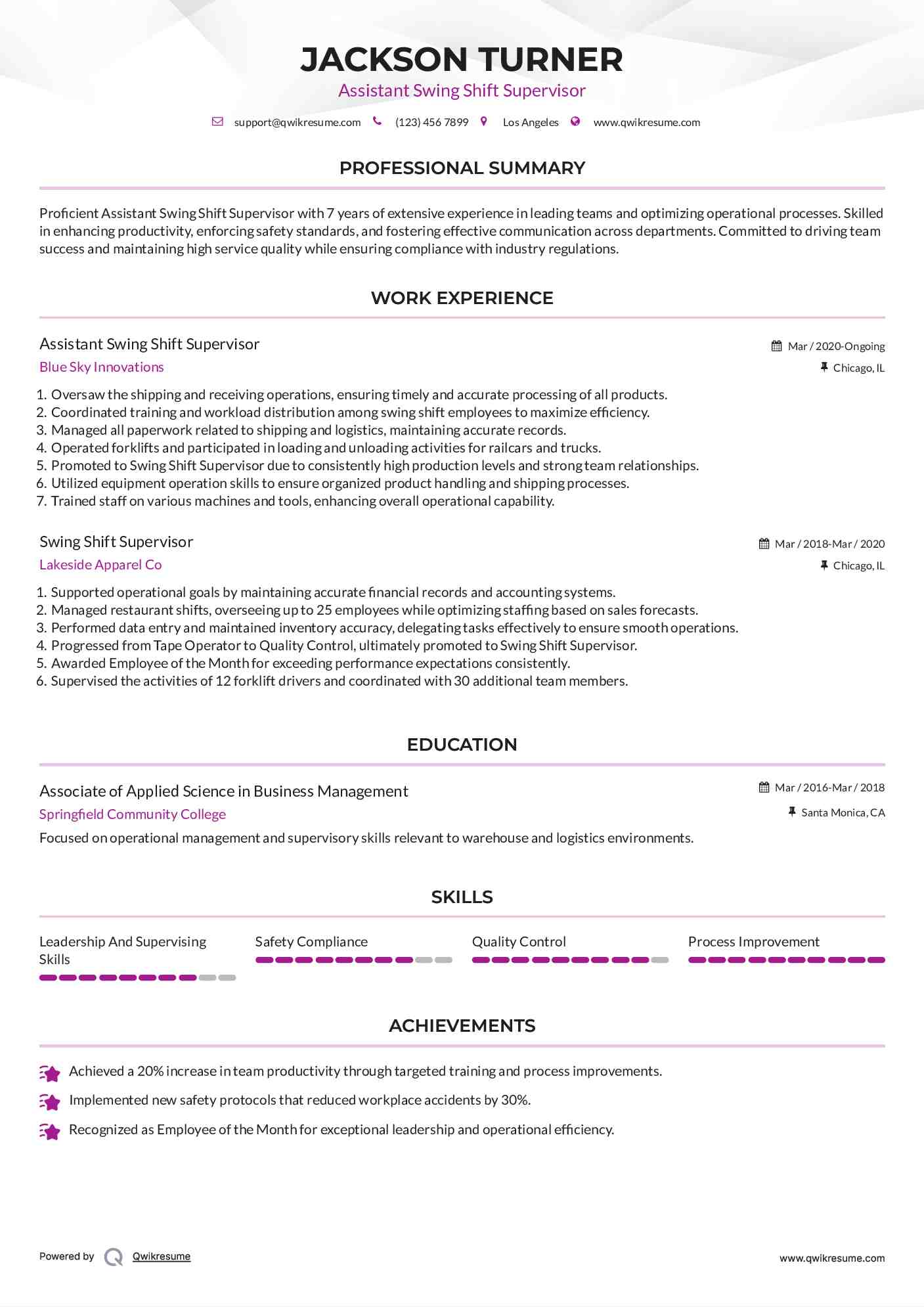 Assistant Swing Shift Supervisor Resume Model