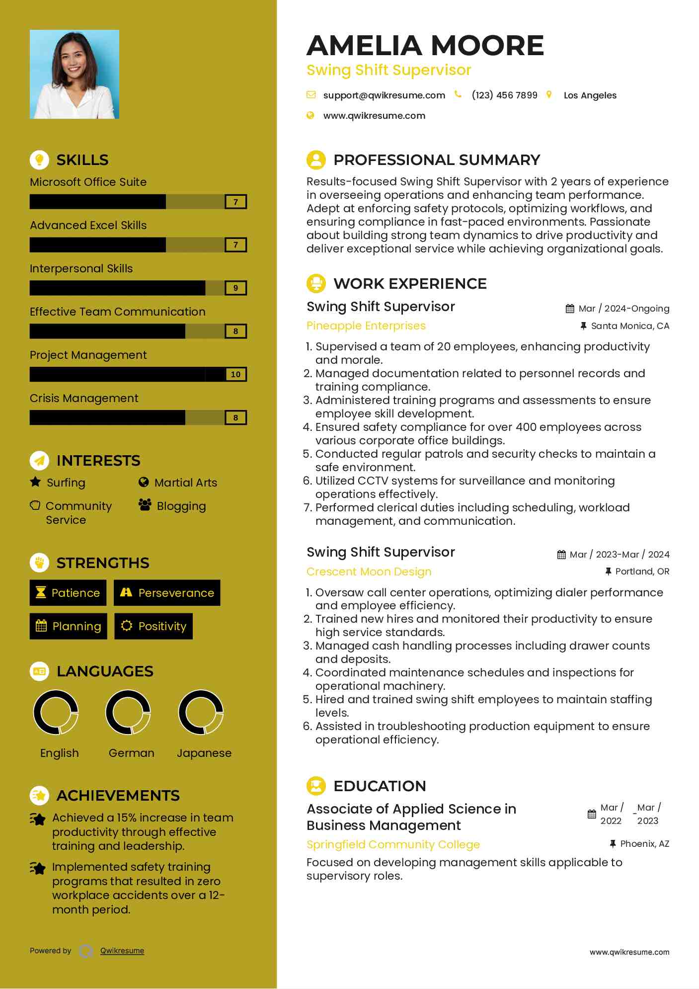 Swing Shift Supervisor Resume Model