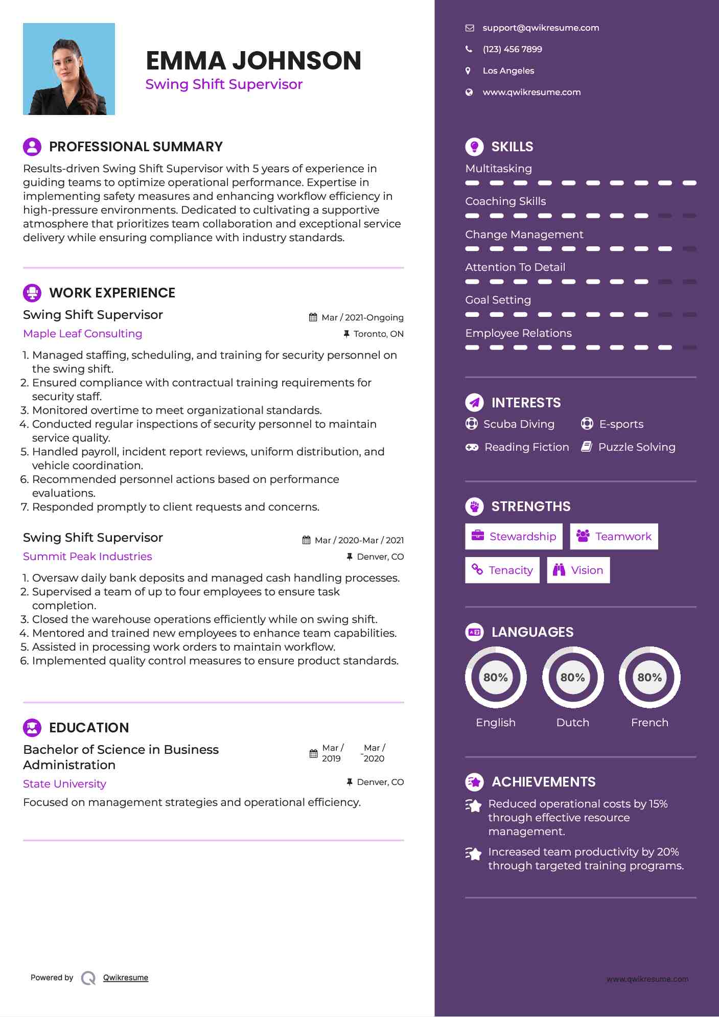 Swing Shift Supervisor Resume Example