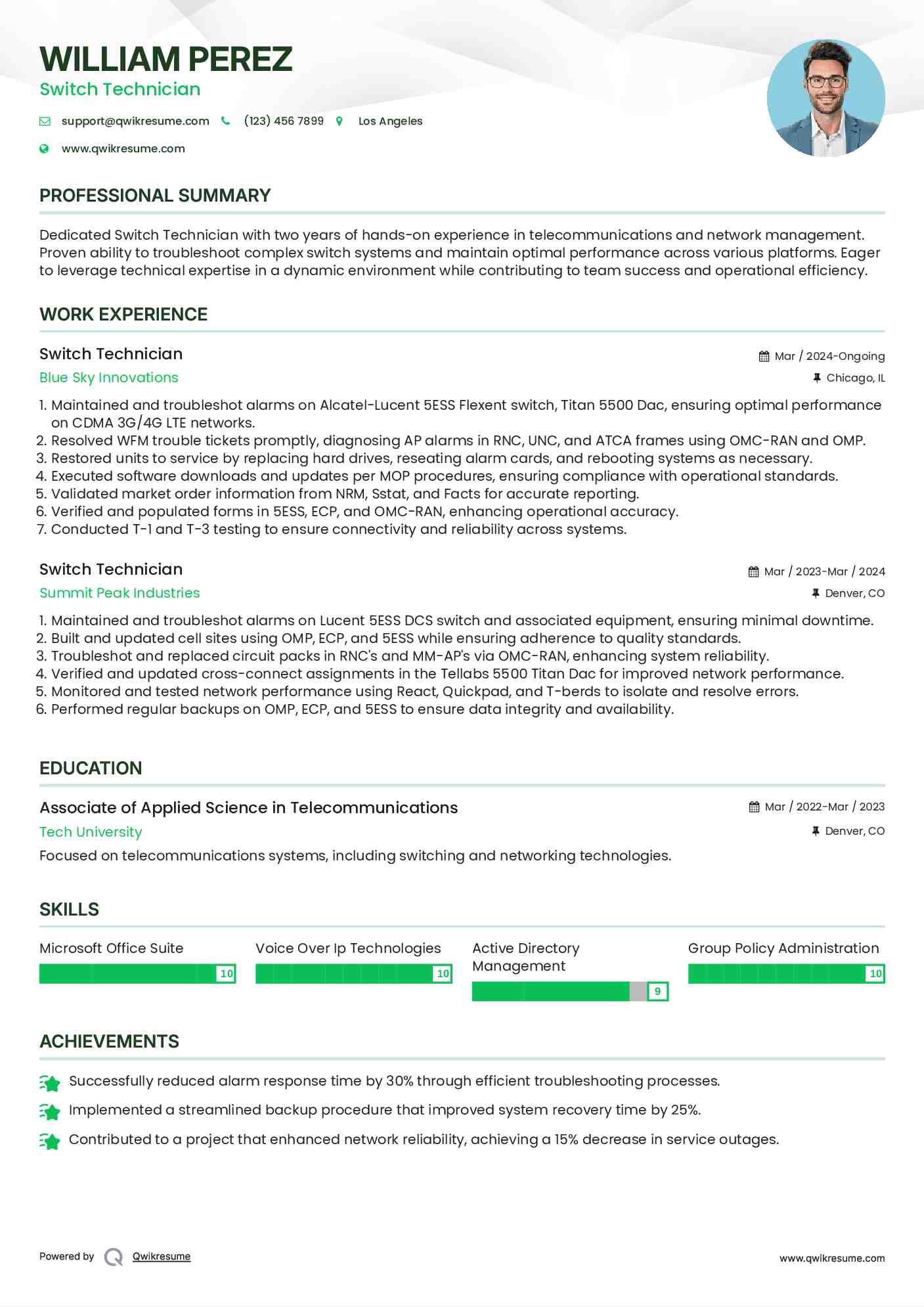 Switch Technician Resume Example