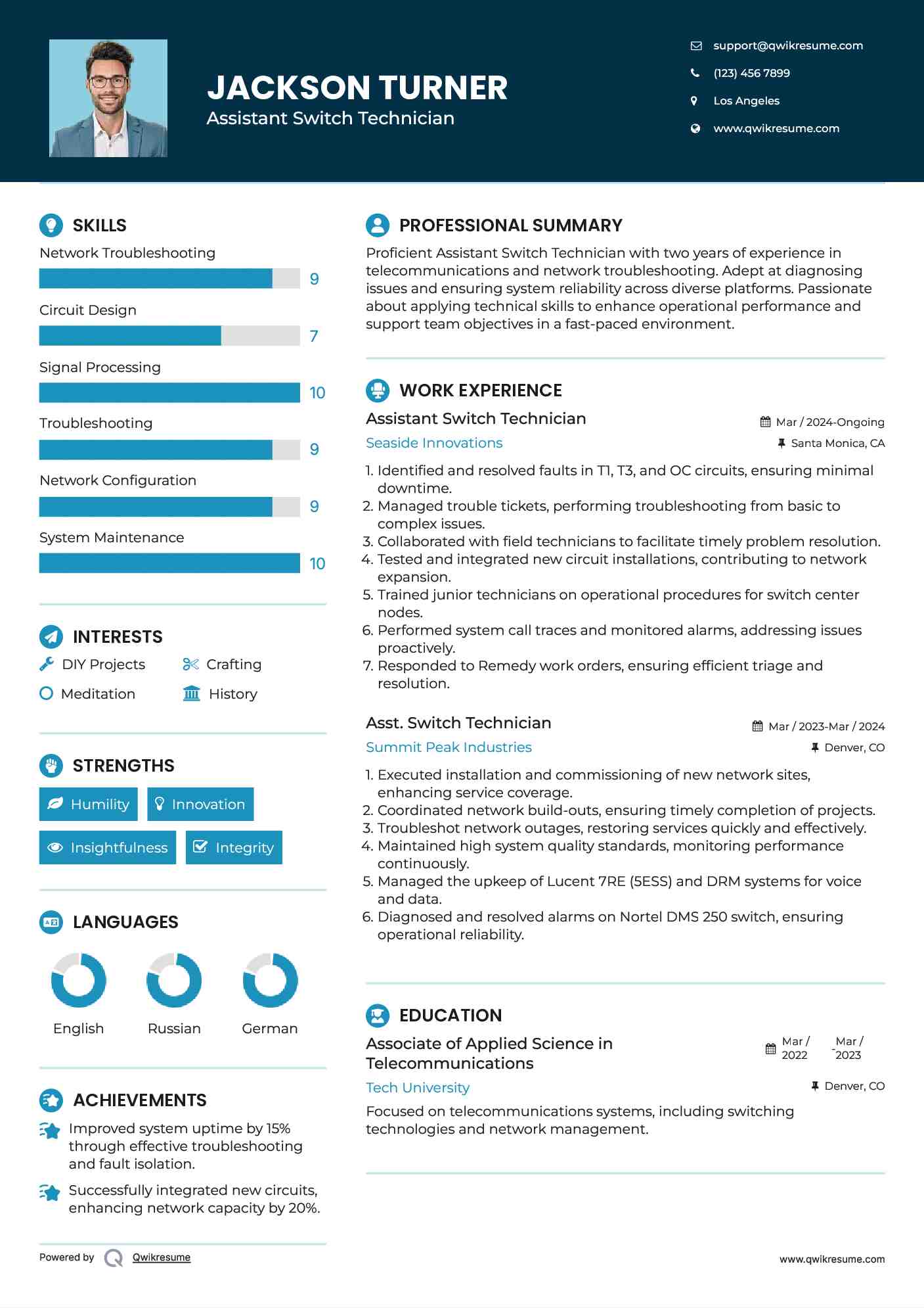 Assistant Switch Technician Resume Sample