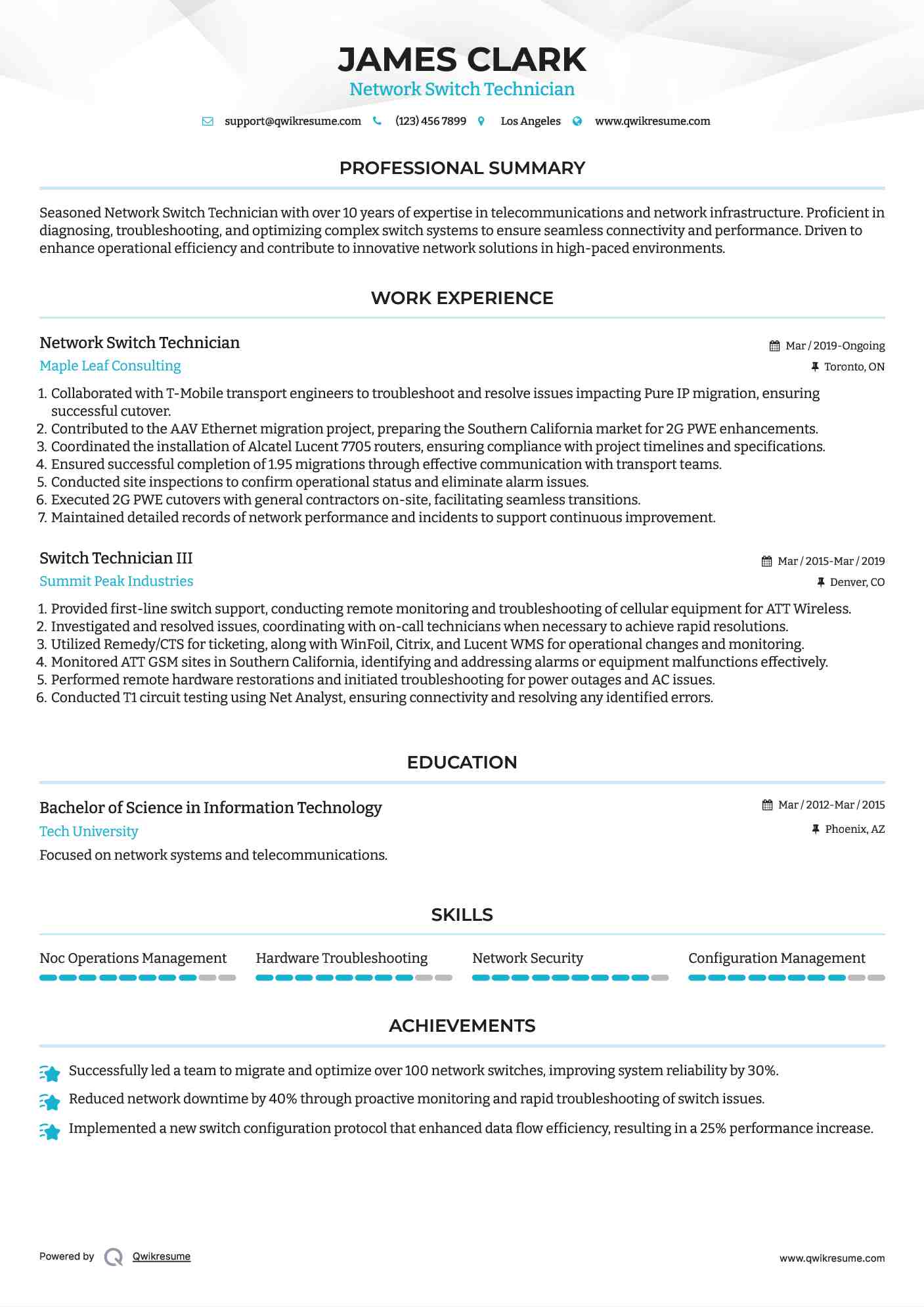Network Switch Technician Resume Sample