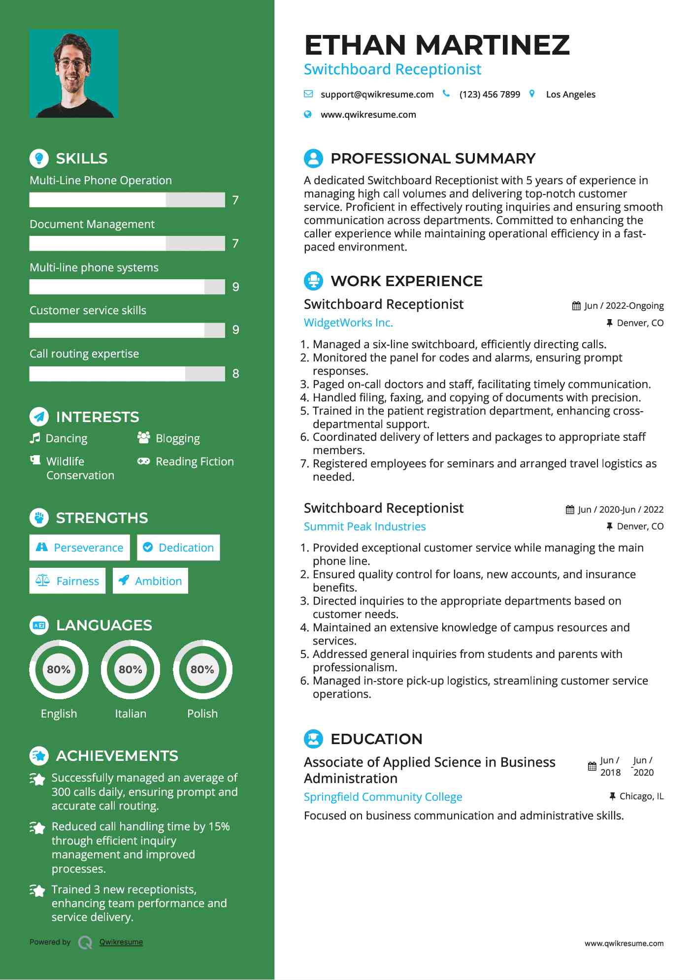 Switchboard Receptionist Resume Model