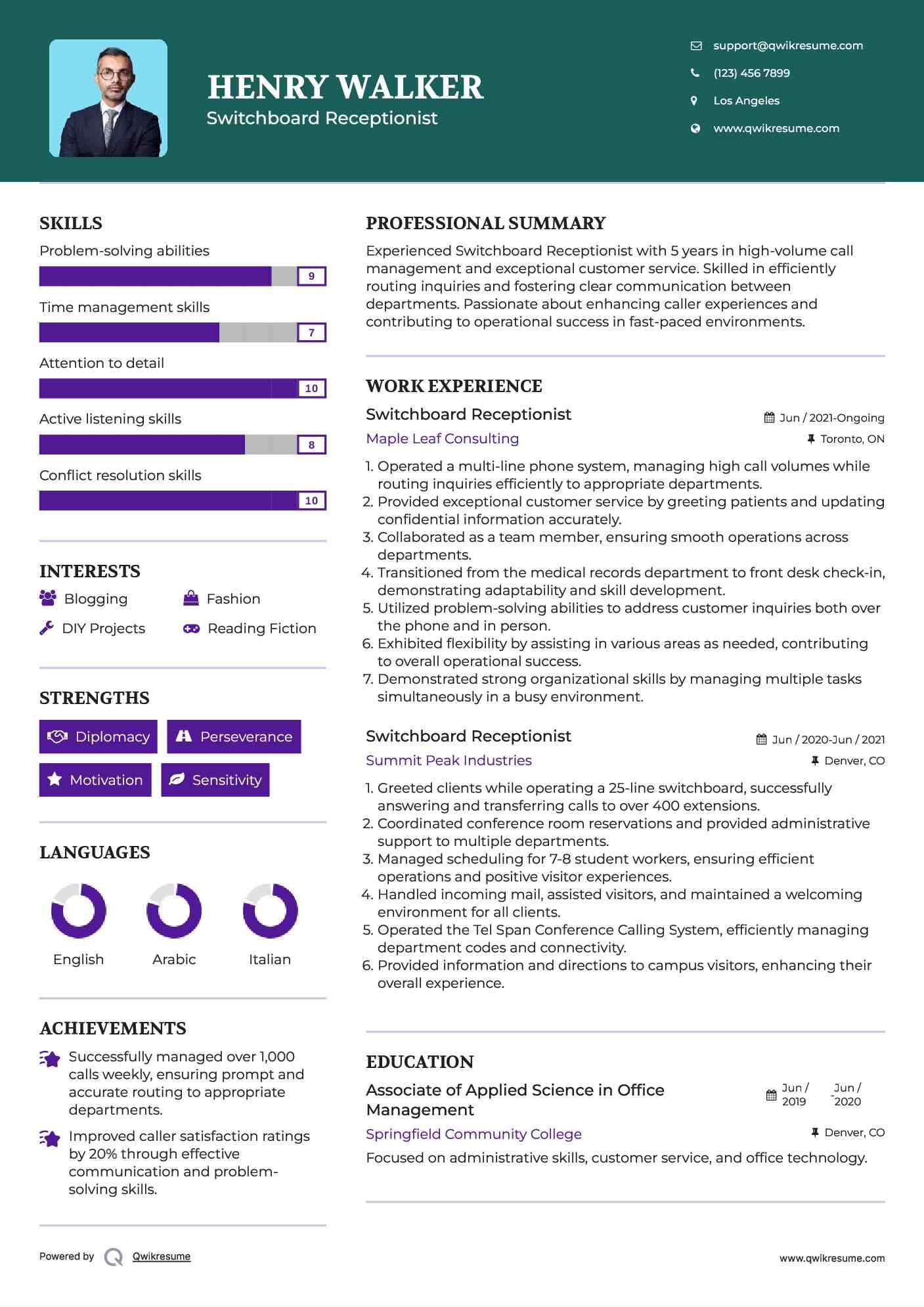 Switchboard Receptionist Resume Format