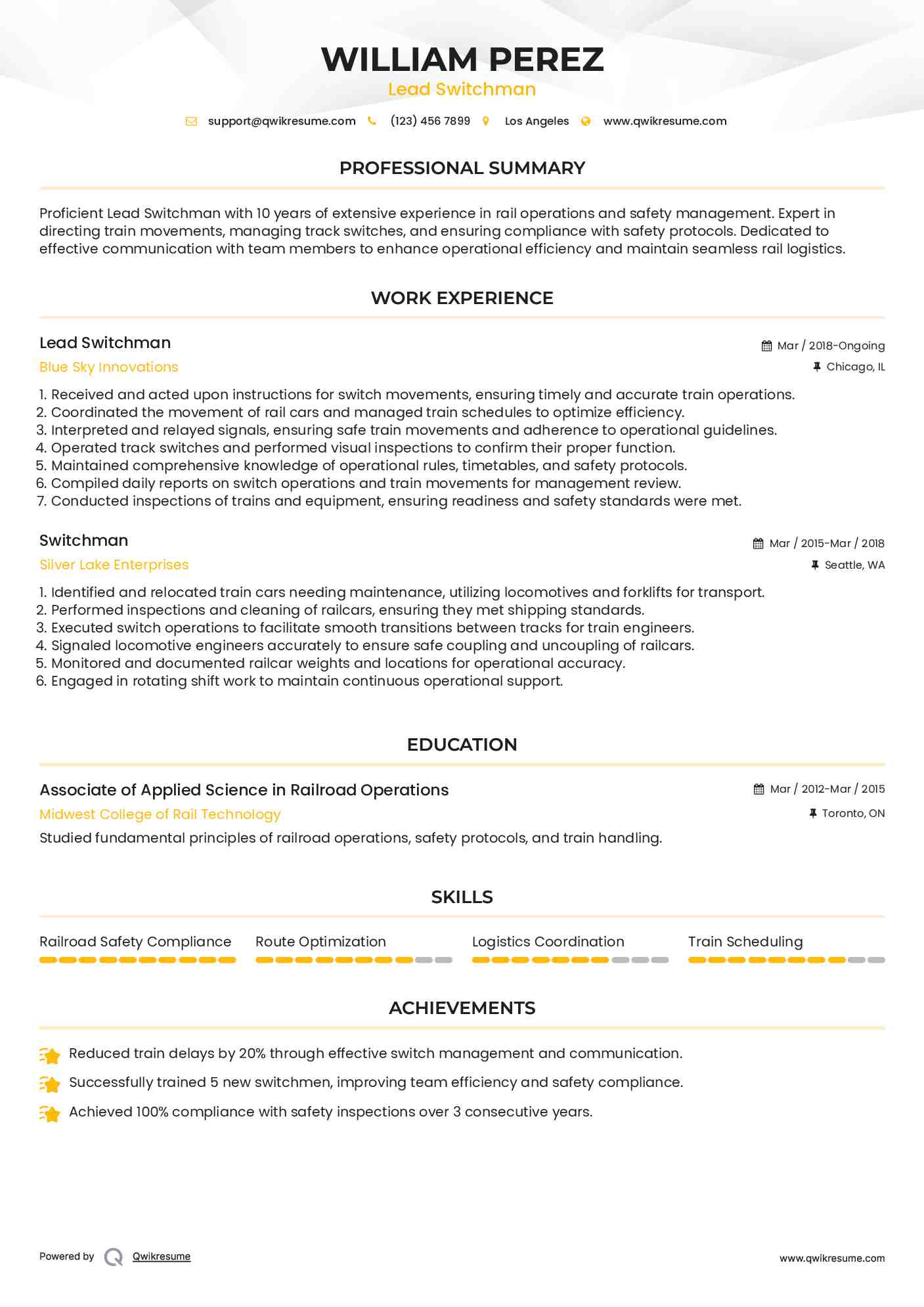 Lead Switchman Resume Template
