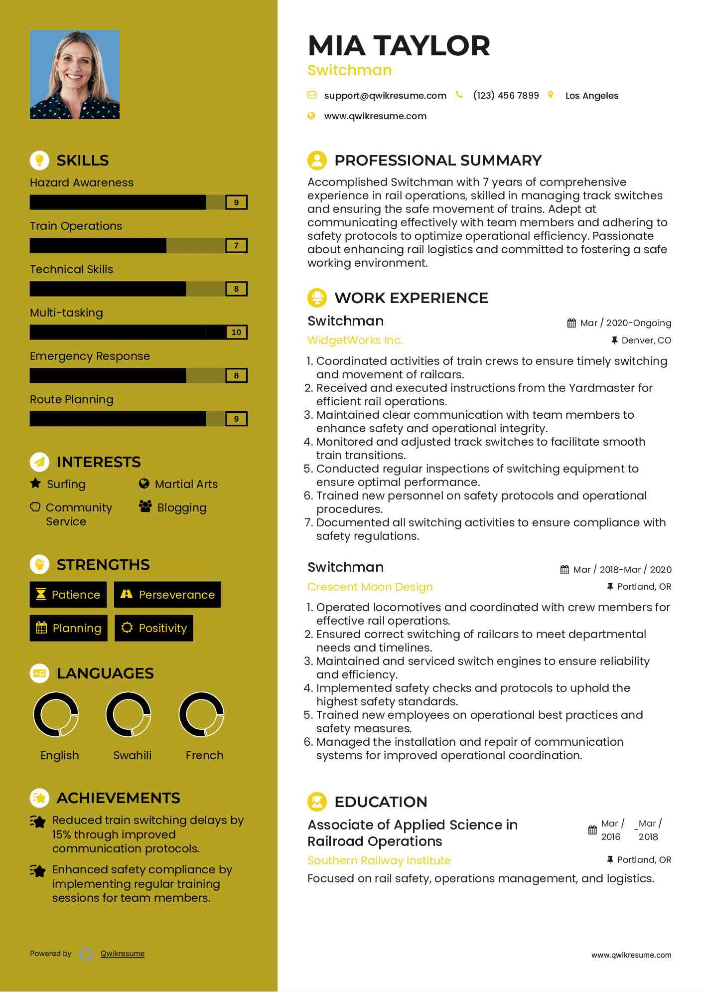 Switchman Resume Model