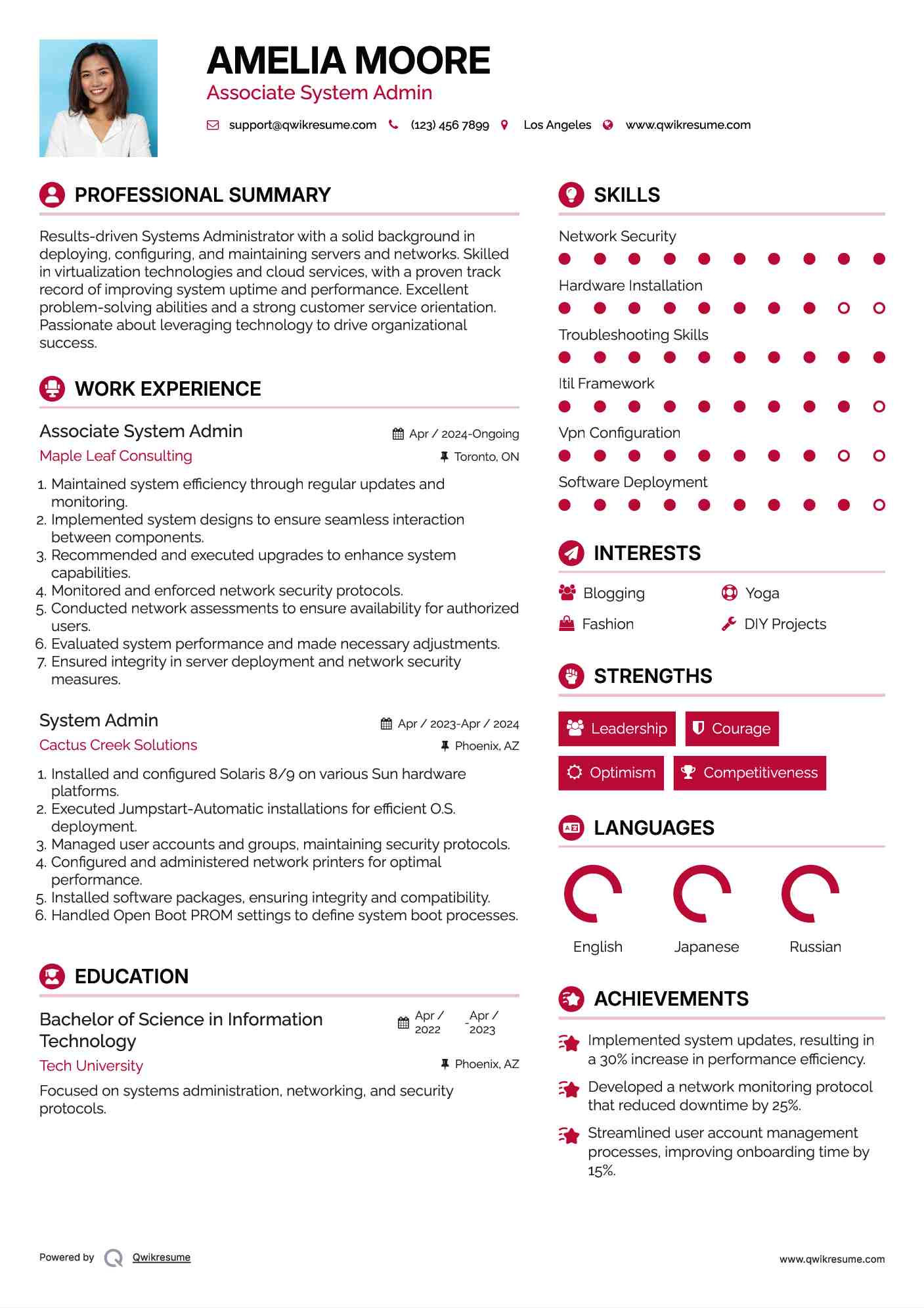 Associate System Admin Resume Model