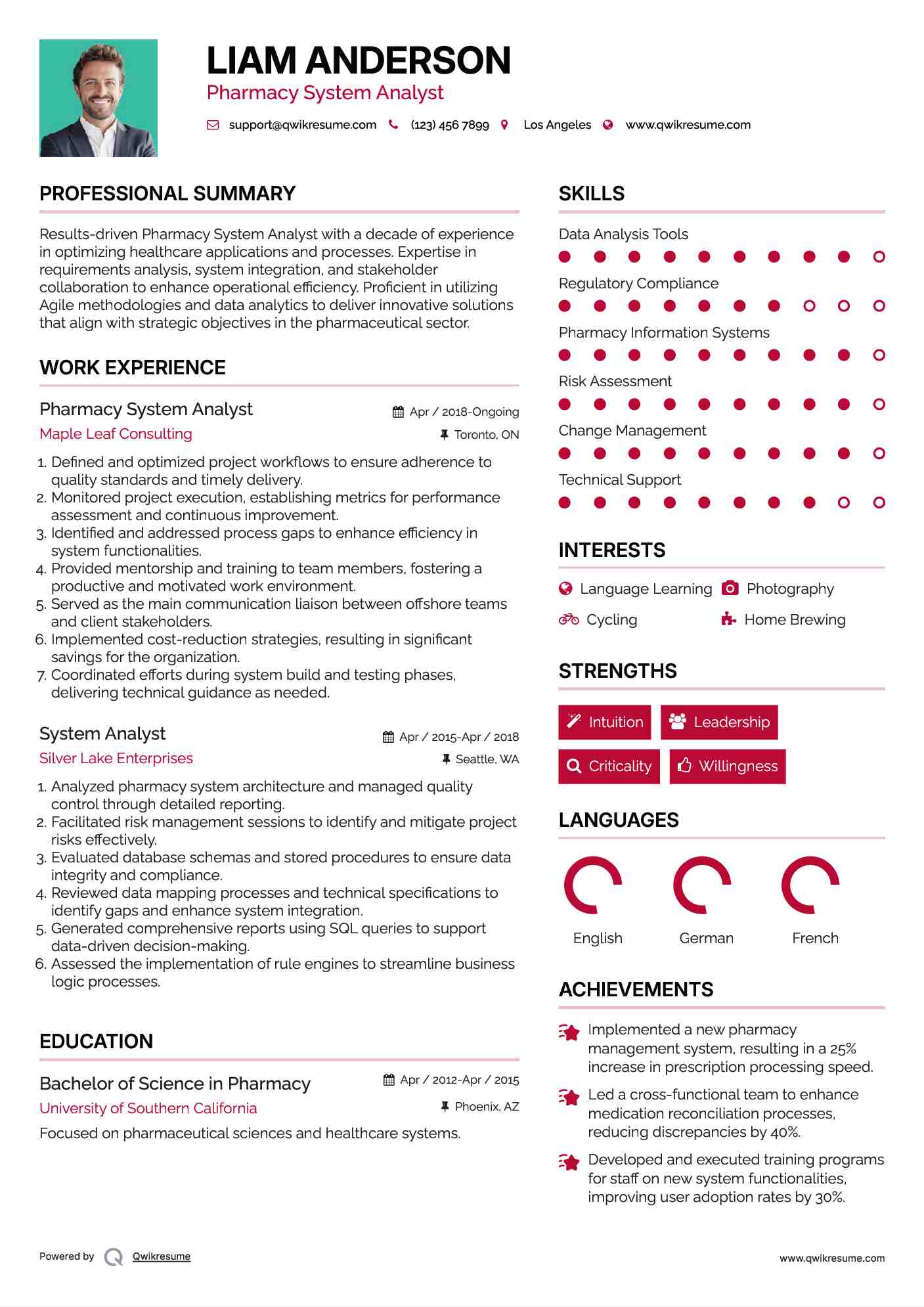 Pharmacy System Analyst Resume Sample