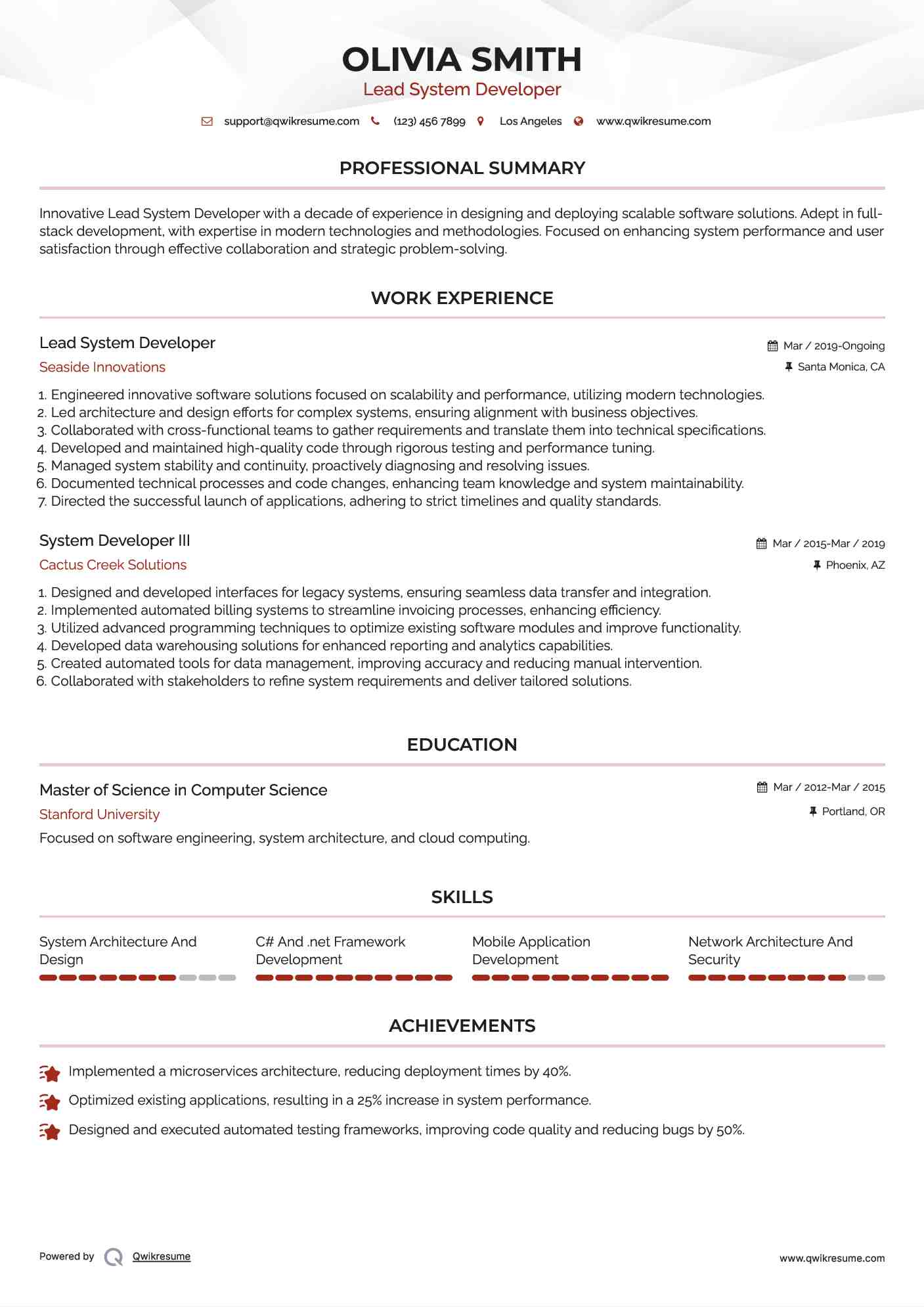 Lead System Developer Resume Format