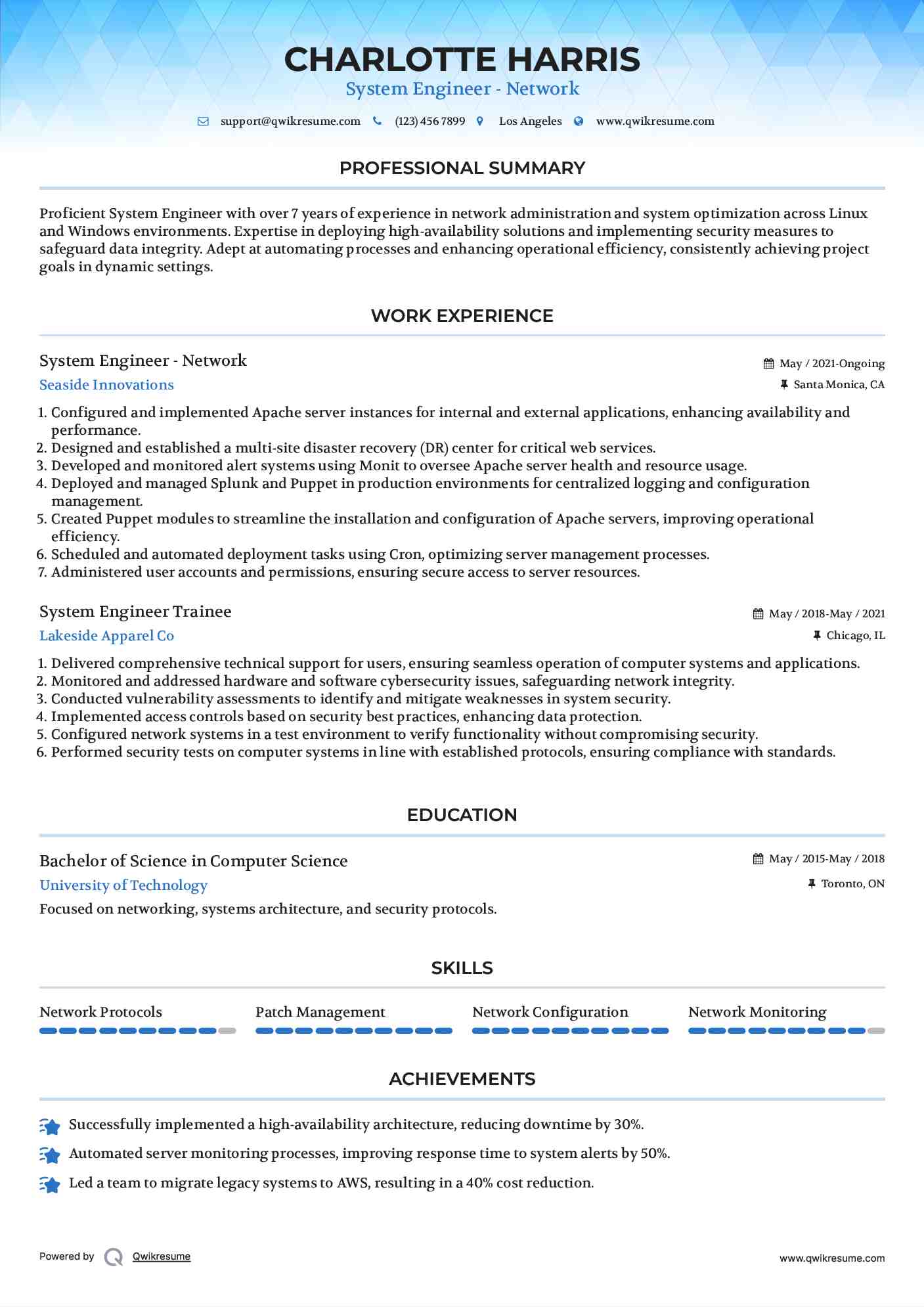 System Engineer - Network Resume Sample