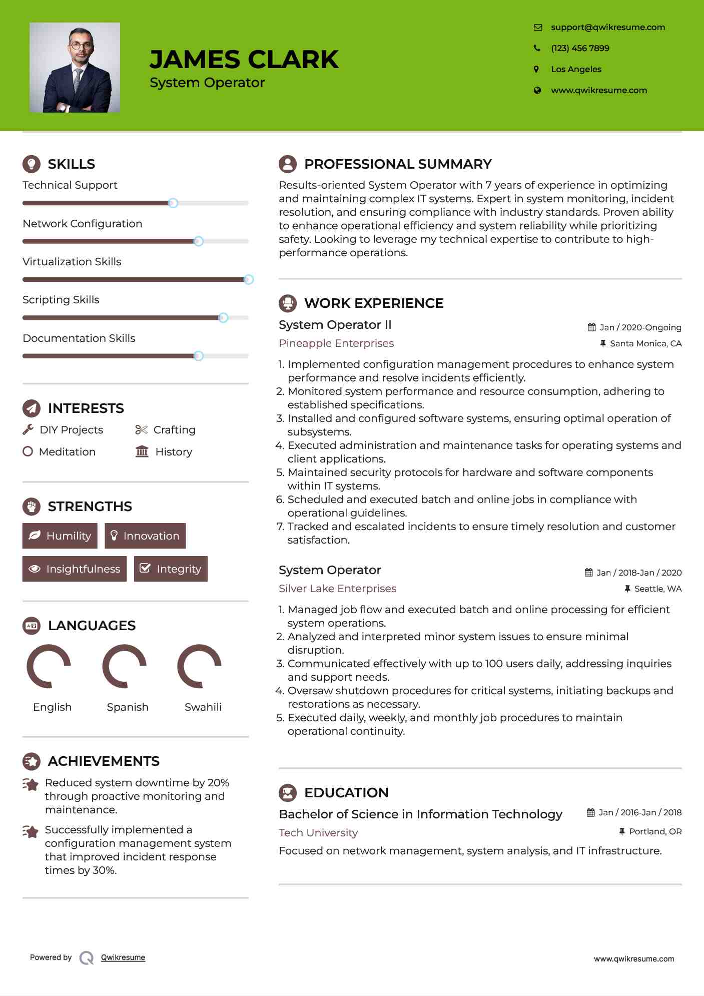 System Operator II Resume Sample