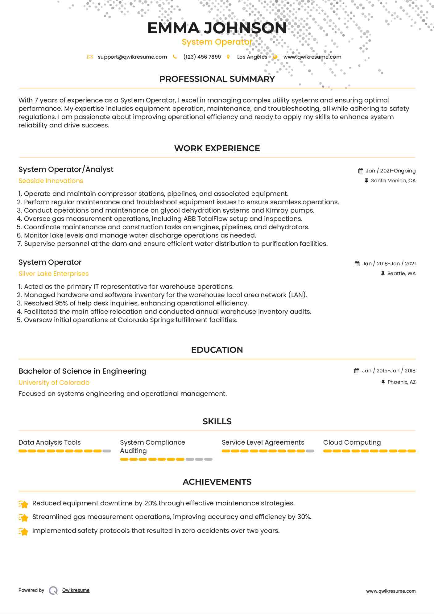 System Operator/Analyst Resume Sample