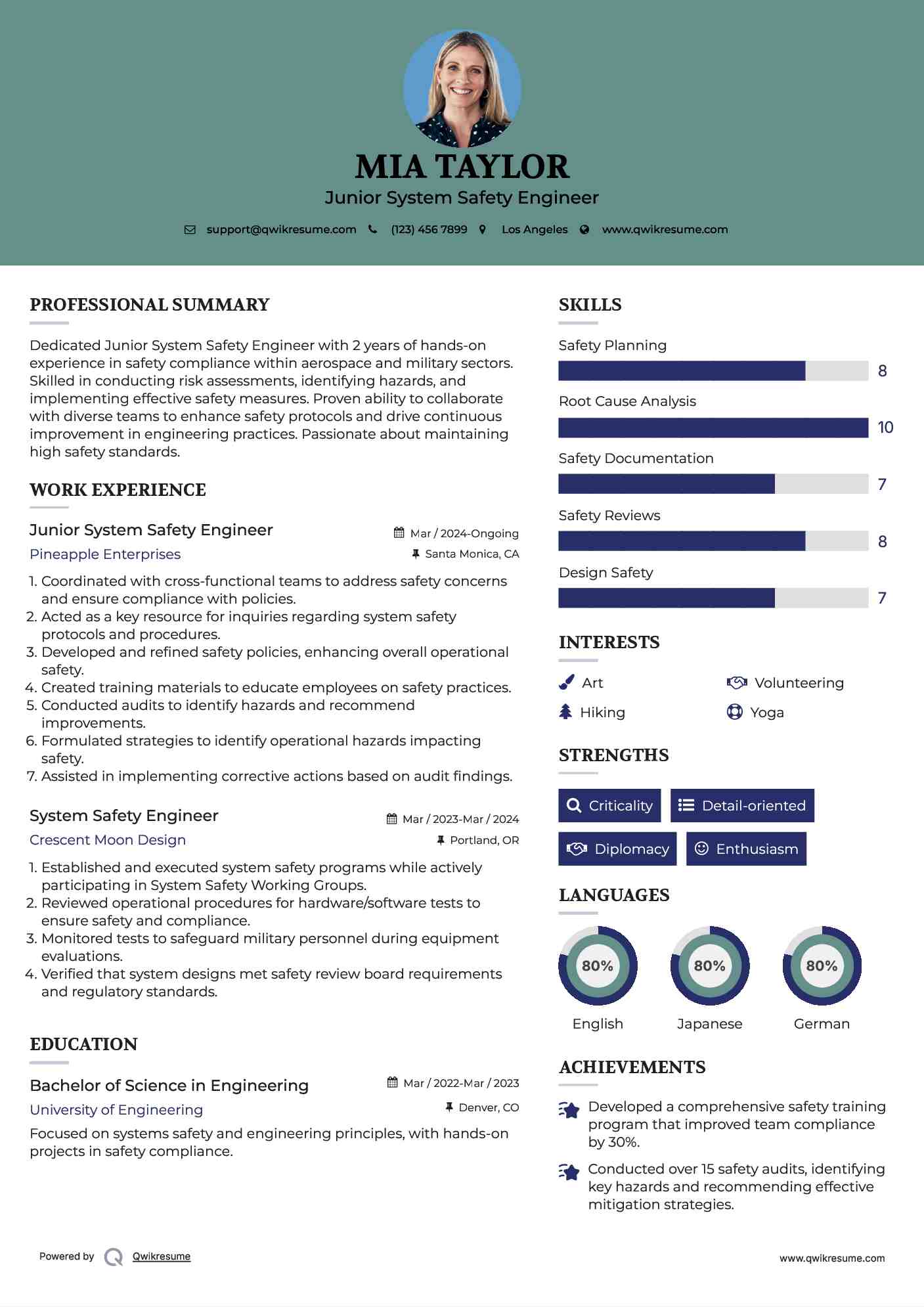 Junior System Safety Engineer Resume Sample