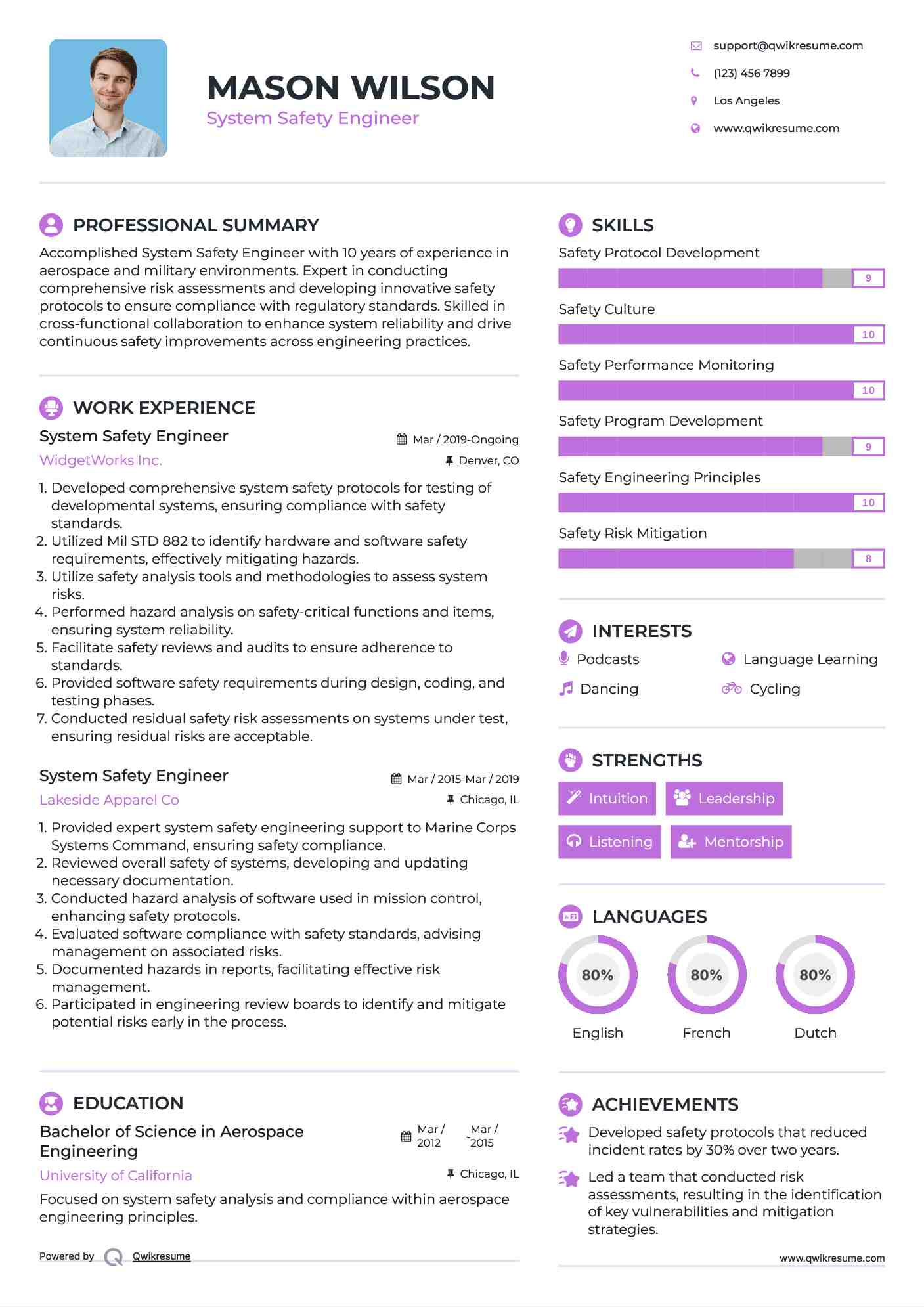 System Safety Engineer Resume Sample