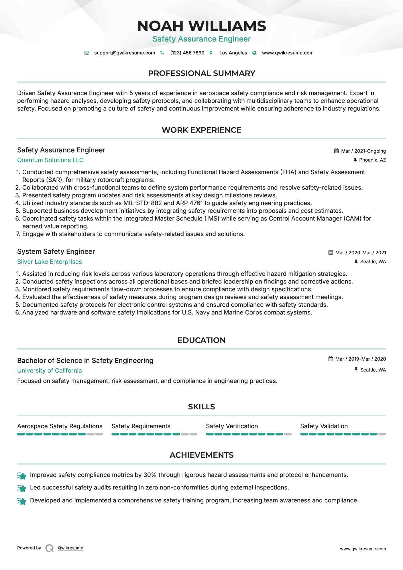 Safety Assurance Engineer Resume Example