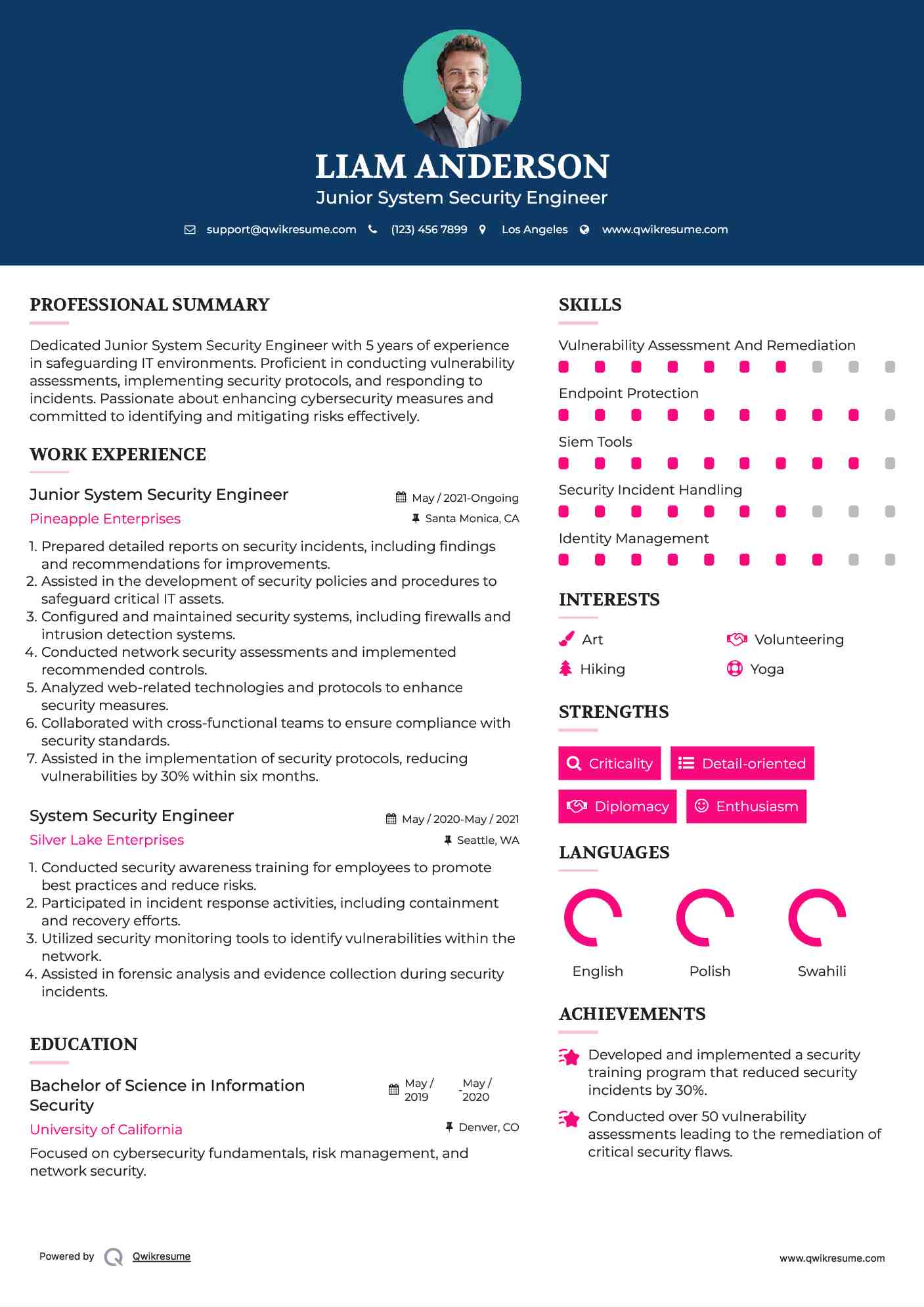 Junior System Security Engineer Resume Sample