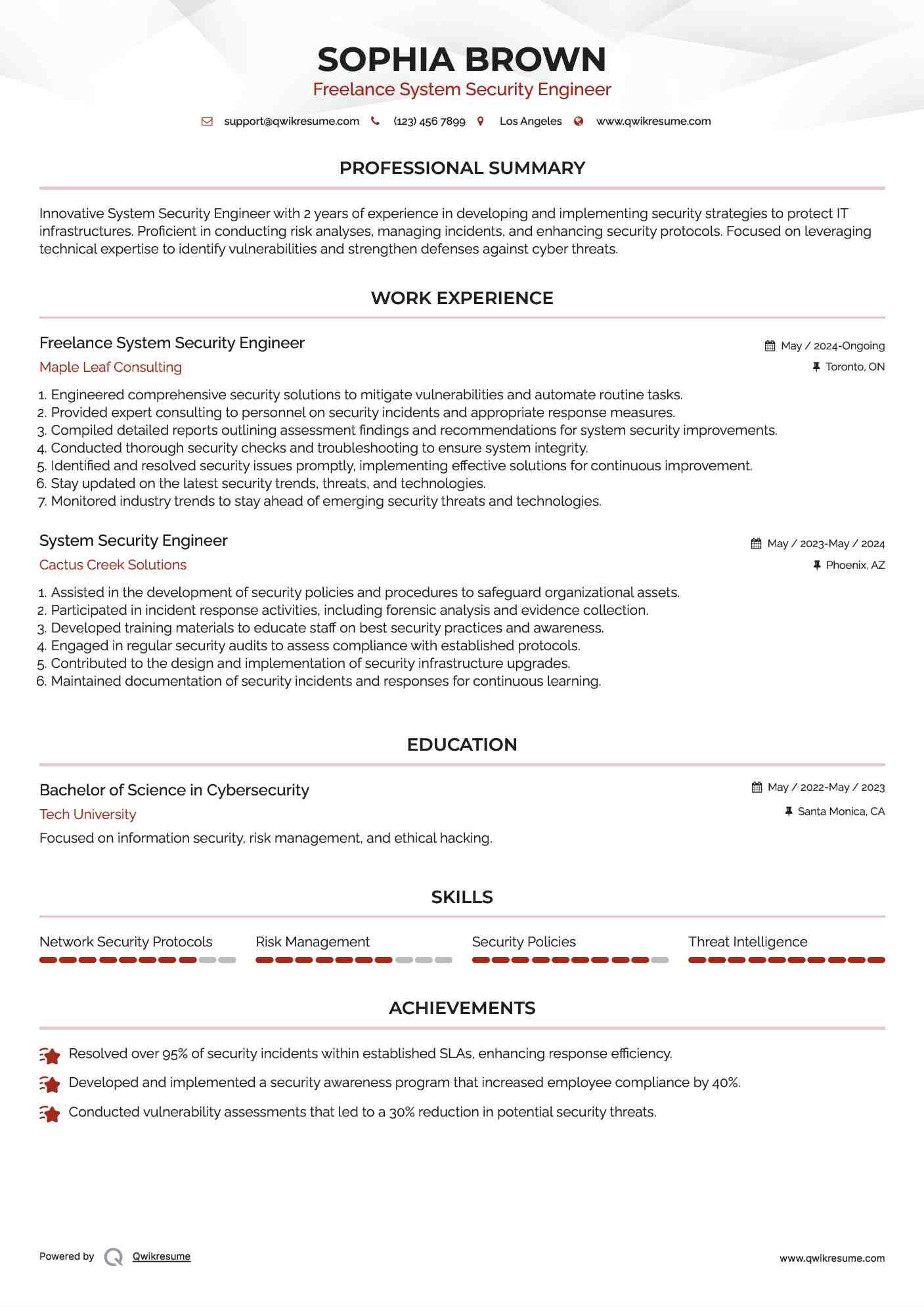 Freelance System Security Engineer Resume Model