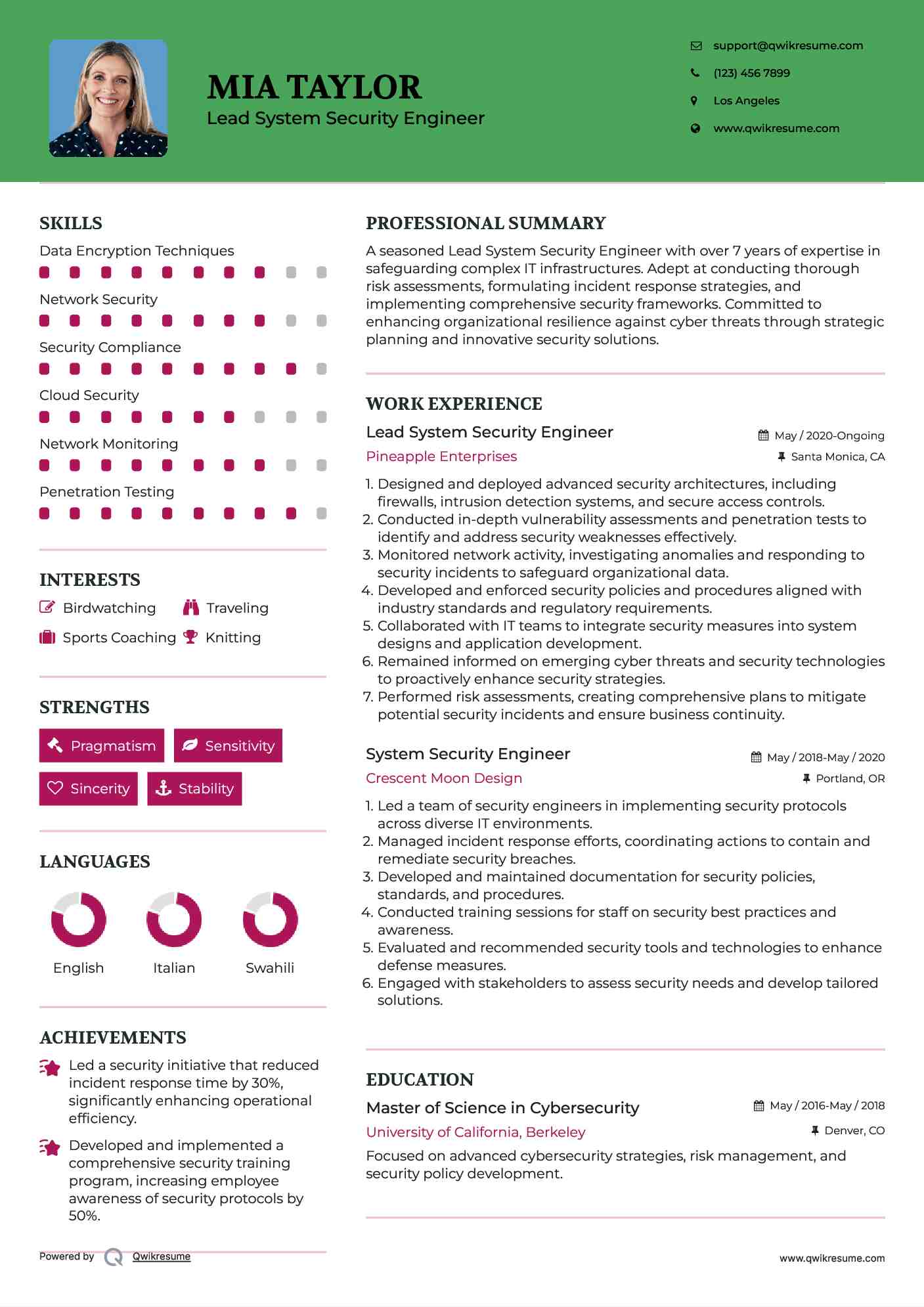 Lead System Security Engineer Resume Template