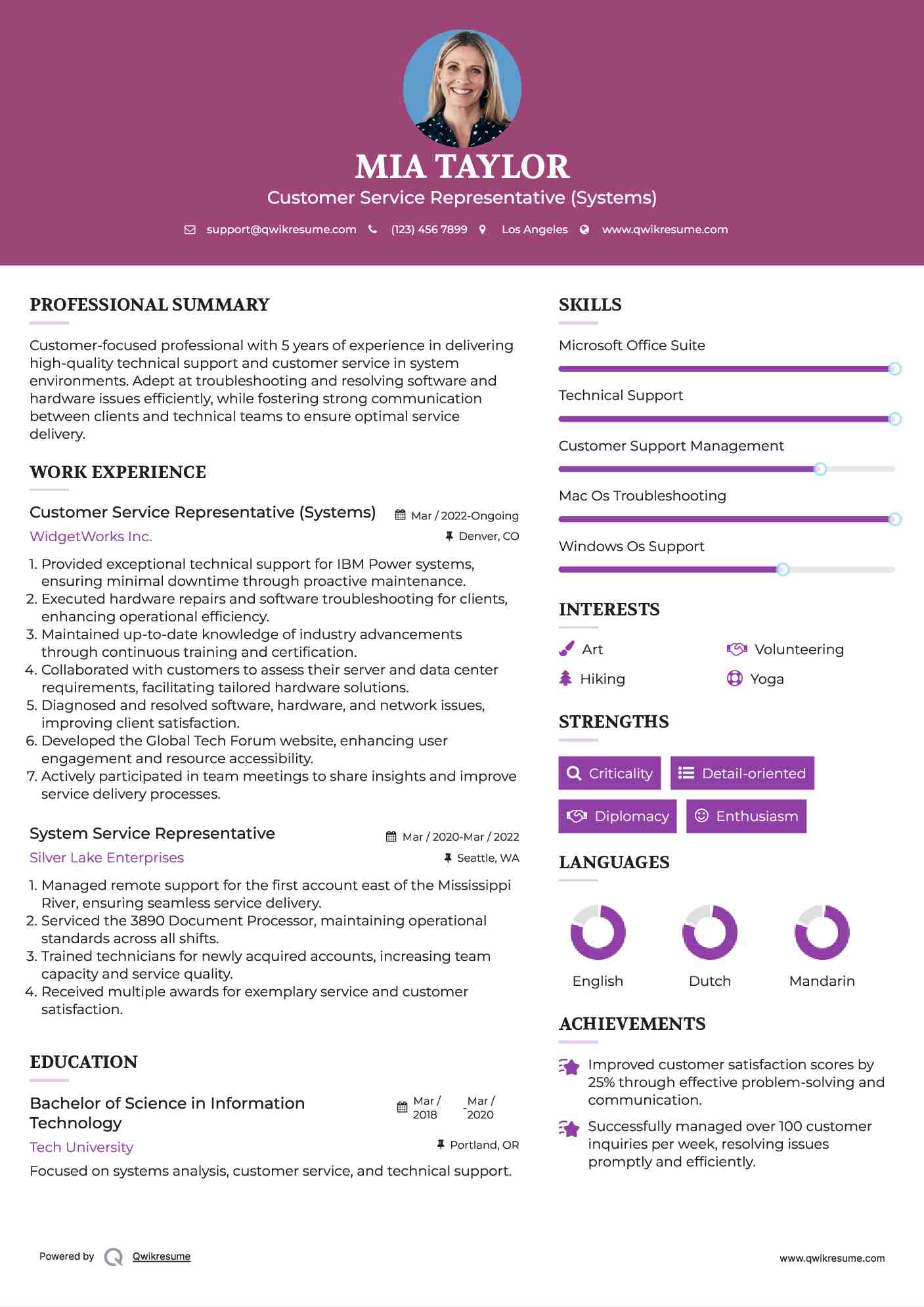 Customer Service Representative (Systems) Resume Format