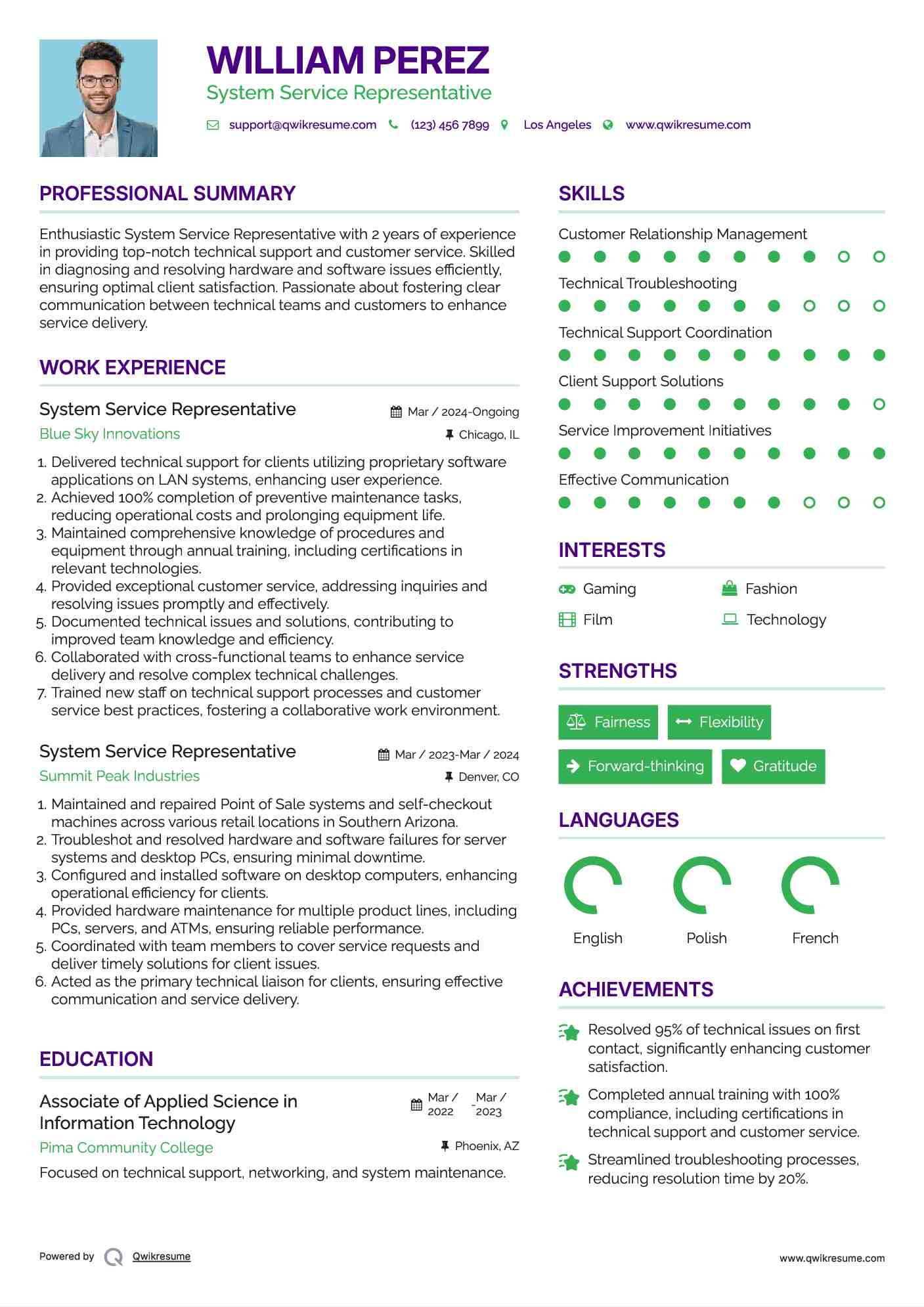 System Service Representative Resume Template