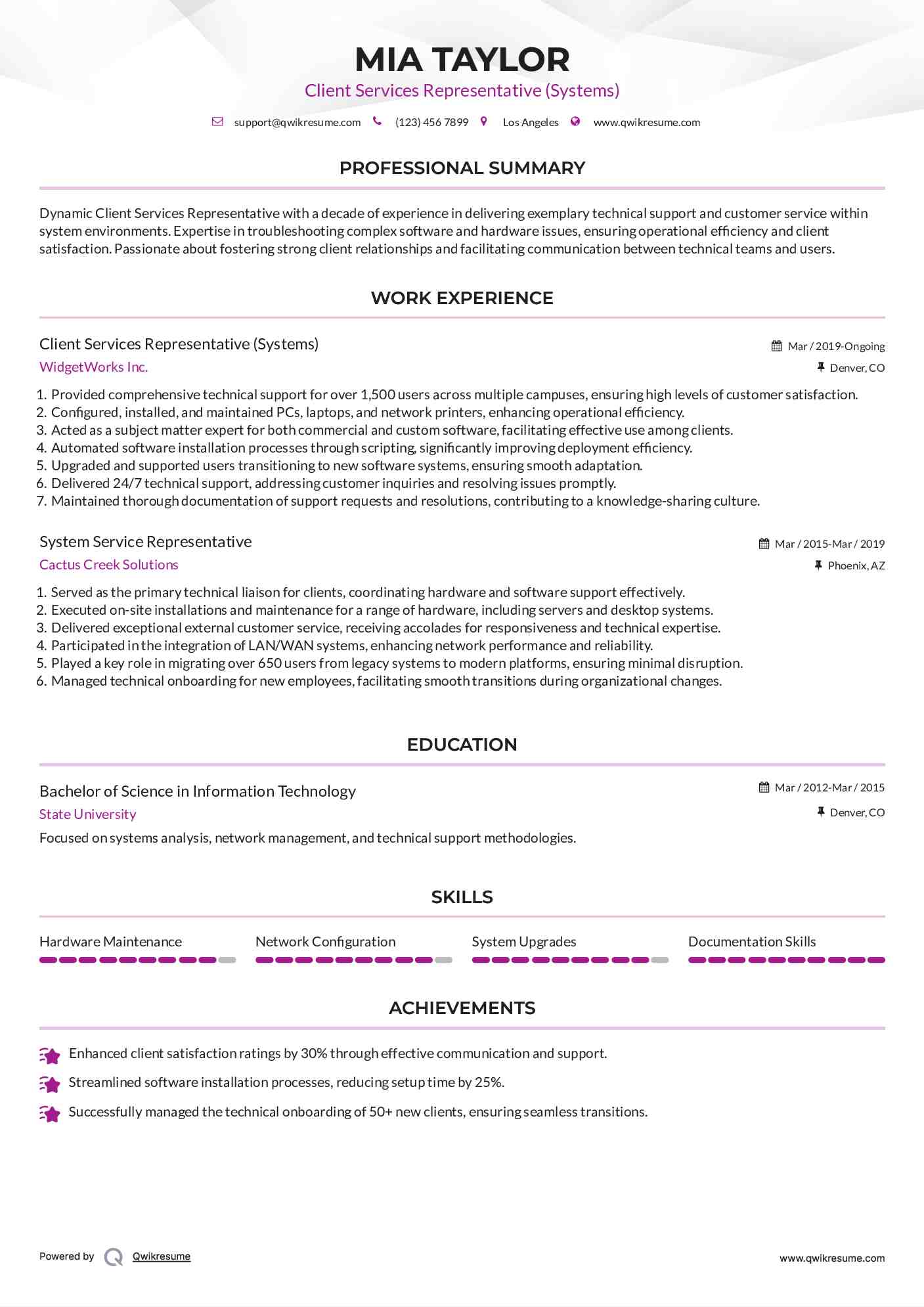 Client Services Representative (Systems) Resume Template